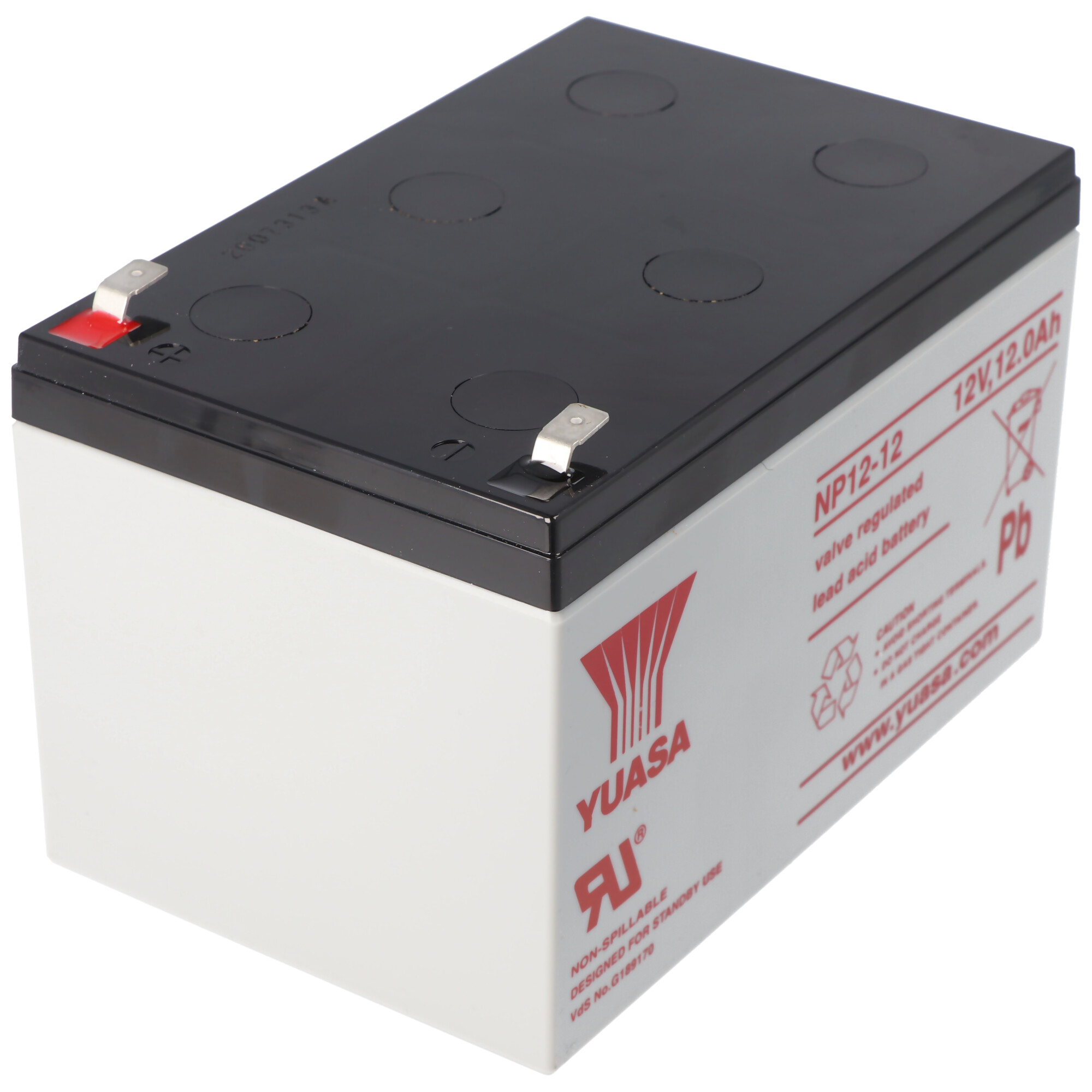 Schwarze und graue rechteckige Batterie mit der Aufschrift 'YUASA', '12V, 12,0Ah' und einem Warnhinweis.