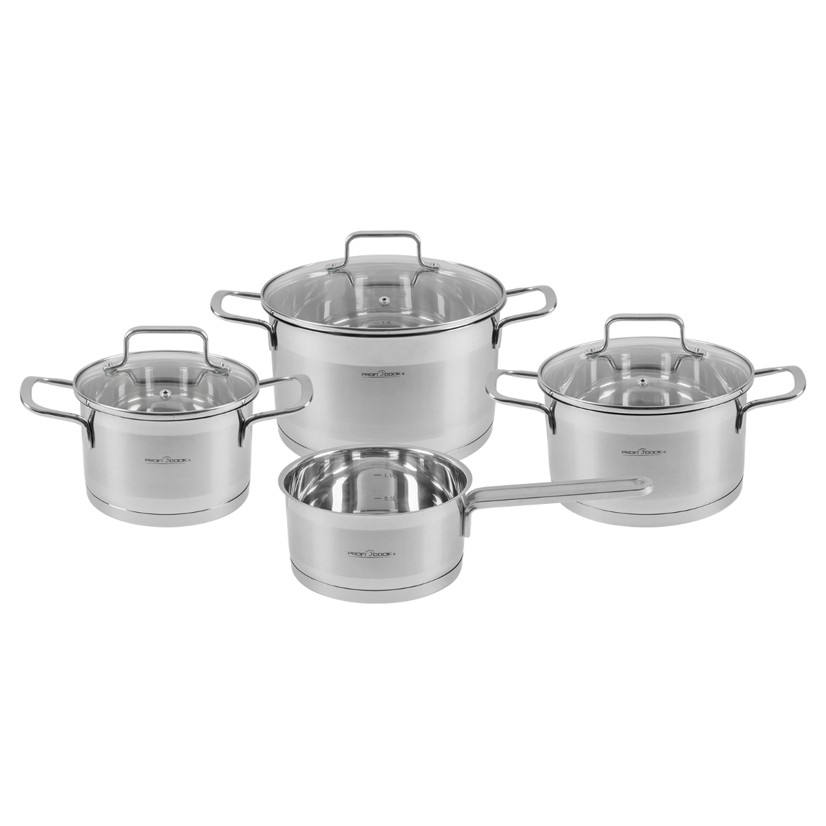 Zestaw naczyń ze stali nierdzewnej z czterema garnkami, każdy ze szklanymi pokrywkami i uchwytami.