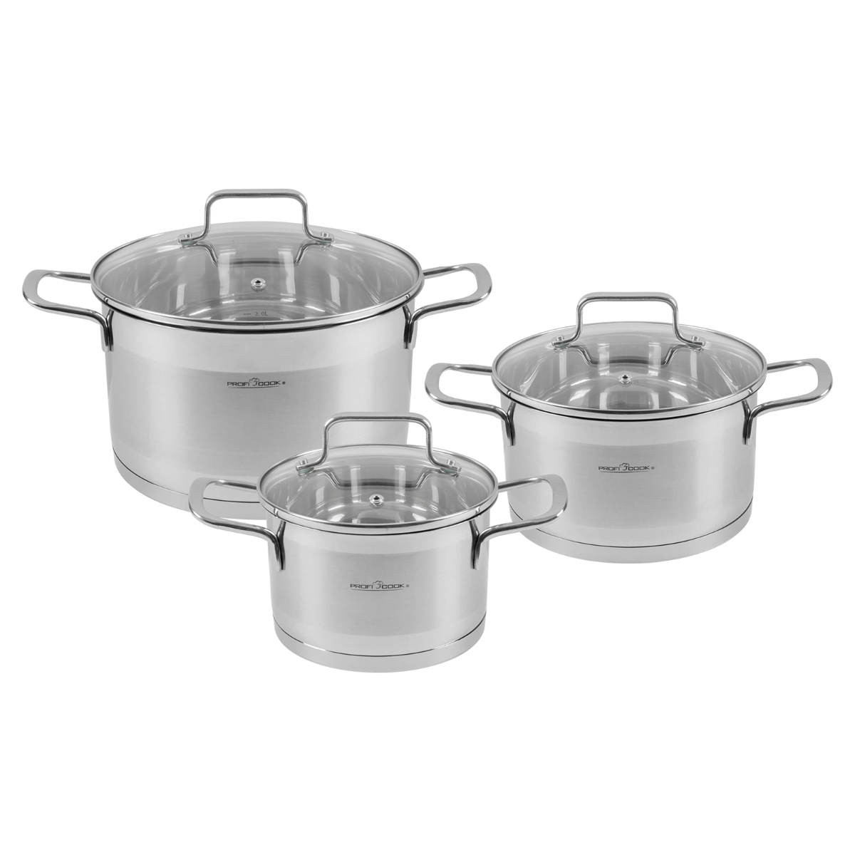 Zestaw garnków ze stali nierdzewnej ze szklanymi pokrywkami. Trzy garnki o różnych rozmiarach.