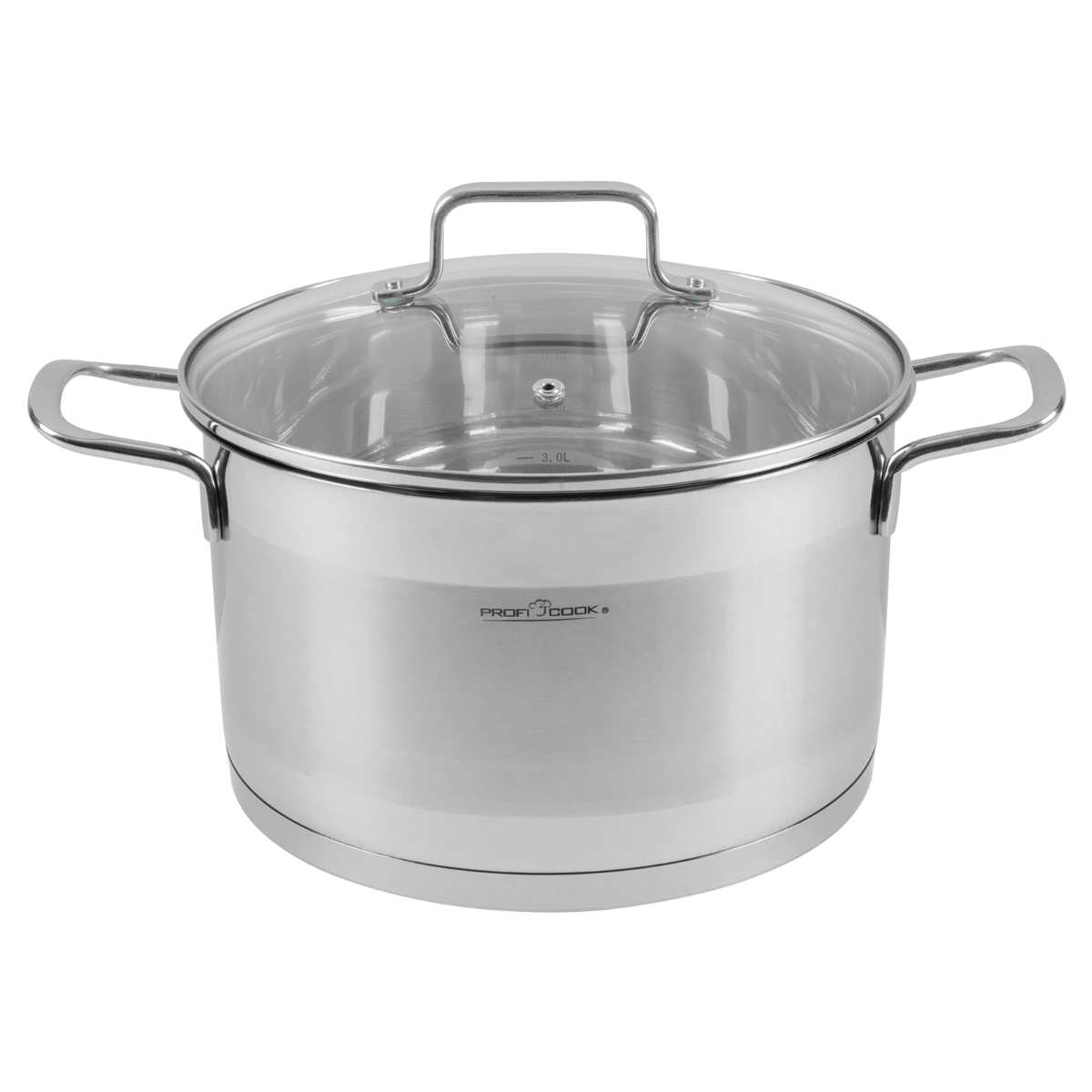 Garnek ze stali nierdzewnej ze szklaną pokrywką i dwoma uchwytami.