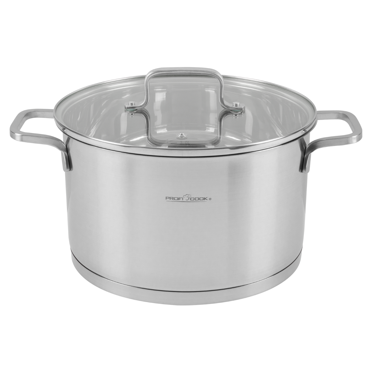 Garnek ze stali nierdzewnej ze szklaną pokrywką, uchwytami i ciemnym tłem.