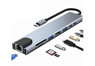 Hub Usb Tipo-C 8 en con carga rápida, Ethernet, Hdmi, SD/TF, Tipo C, 3.0 - SKH71 SMARTEK, Plata | MediaMarkt