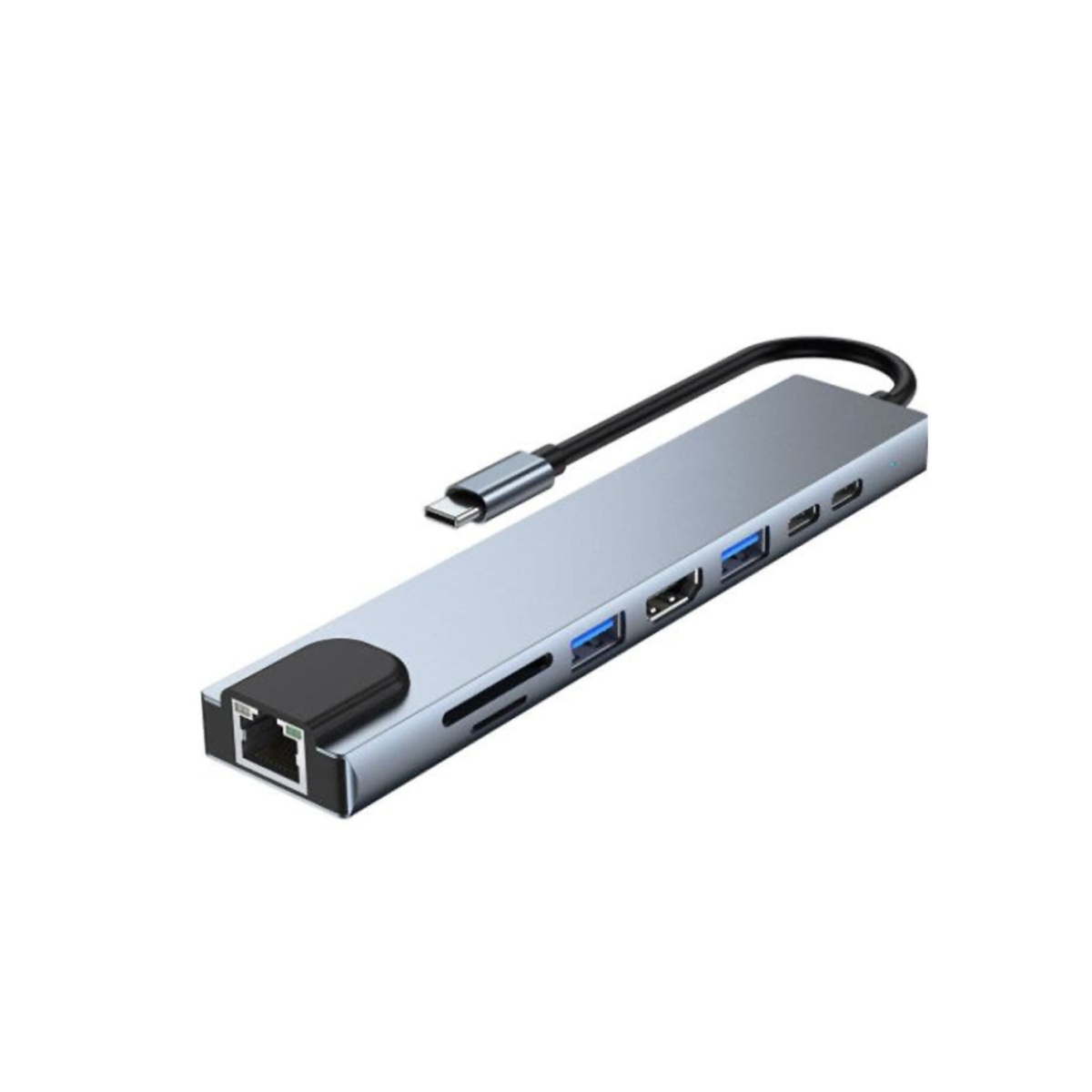 Concentrador plateado con puertos USB y un cable negro.