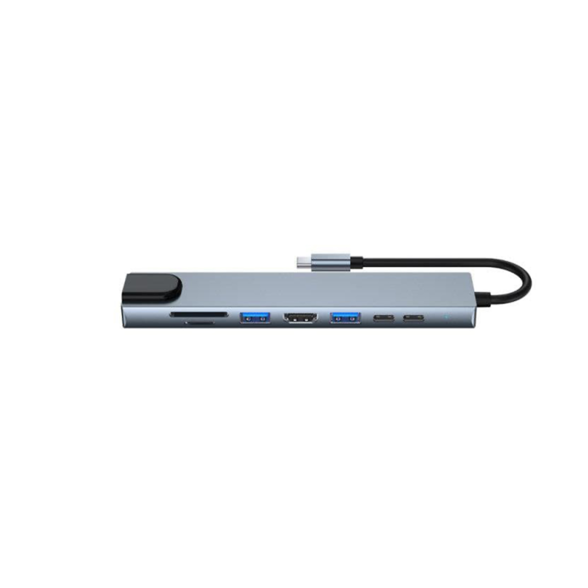 Concentrador plateado con múltiples puertos. Tiene un conector USB-C. Fondo blanco.
