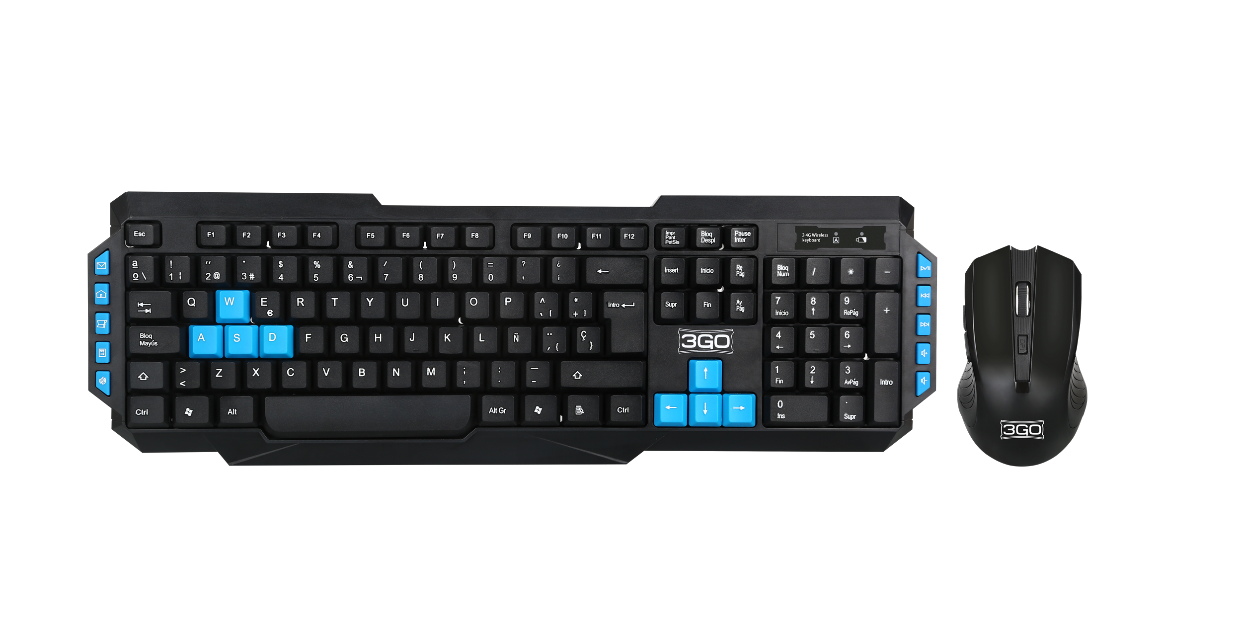 Czarna klawiatura i mysz na czarnej powierzchni. Niebieskie akcenty świetlne na klawiaturze.