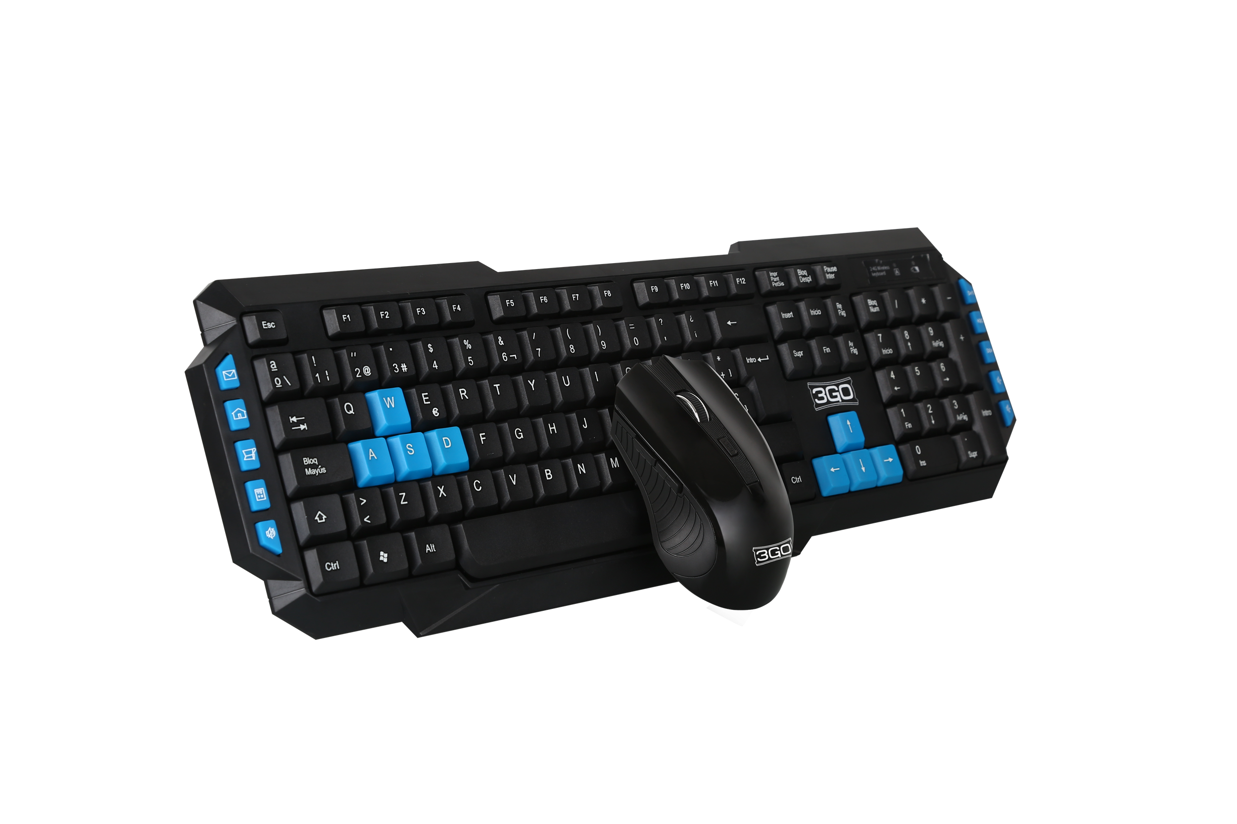 Czarny zestaw klawiatura i mysz na czarnym tle. Klawiatura ma niebieskie klawisze.