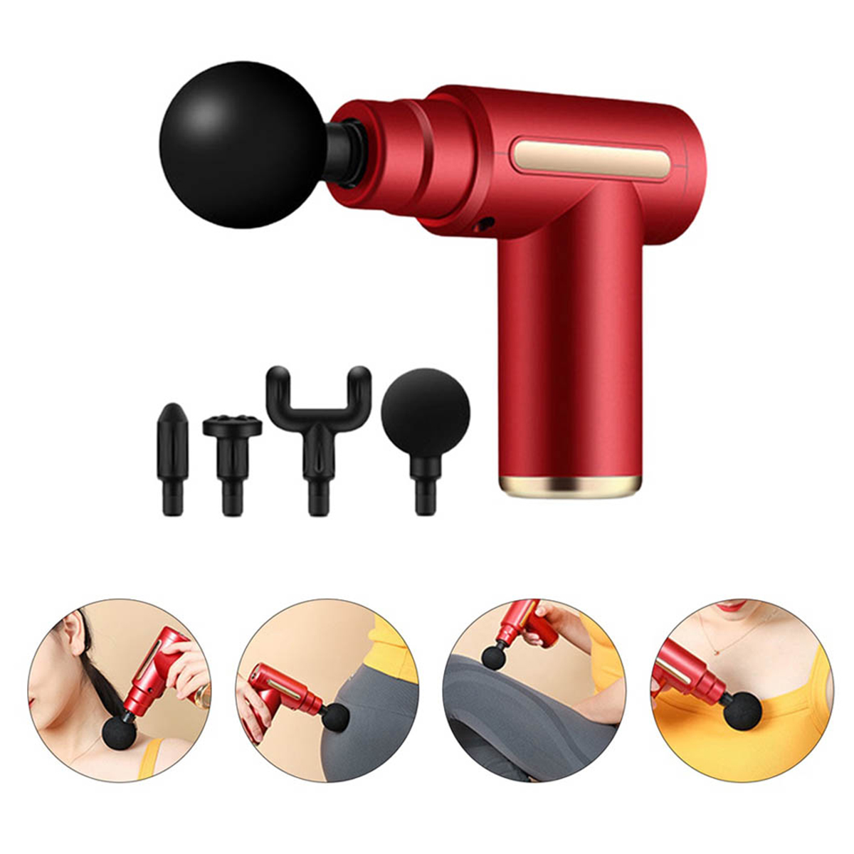 Pistola de masaje roja con accesorios. Imágenes pequeñas muestran uso en cuello, espalda y hombro.