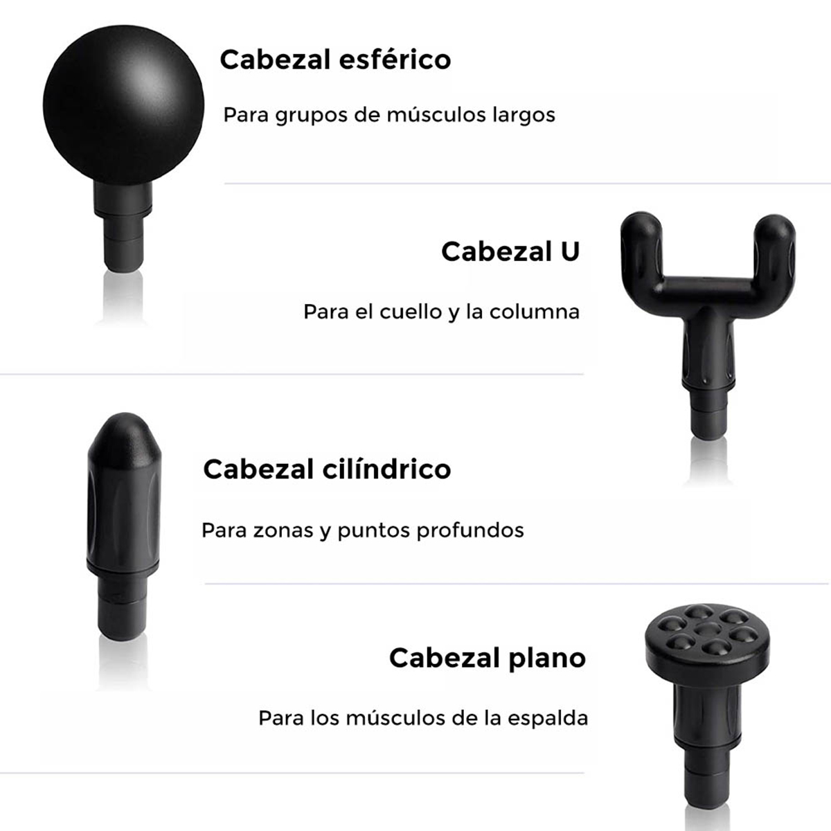 Cuatro cabezales de pistola de masaje negros con descripciones de texto en español.