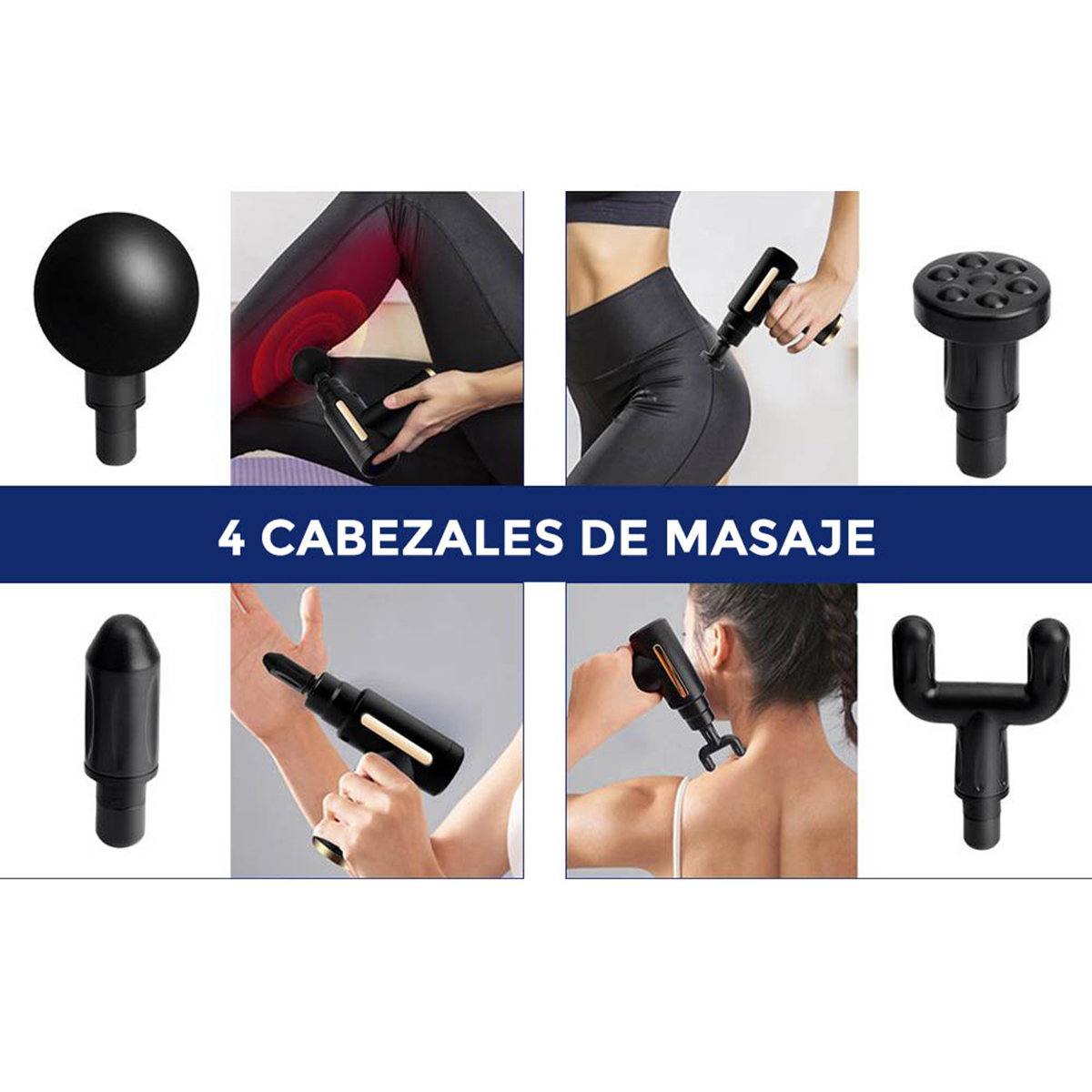 Imágenes de cabezales de masaje y pistola de masaje en uso, con texto '4 CABEZALES DE MASAJE'.