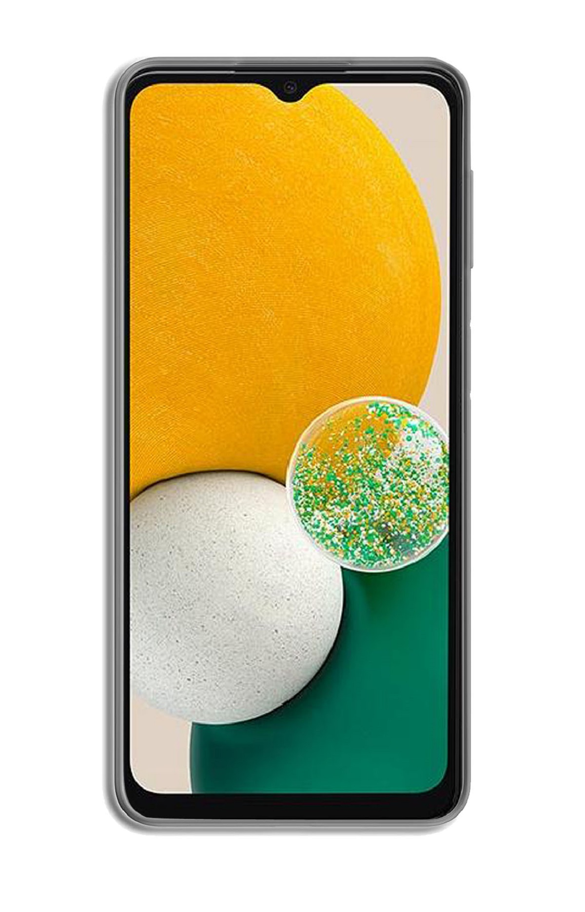 Smartphone mit gelben, weißen und grünen Formen auf dem Bildschirm. Grauer Rahmen.