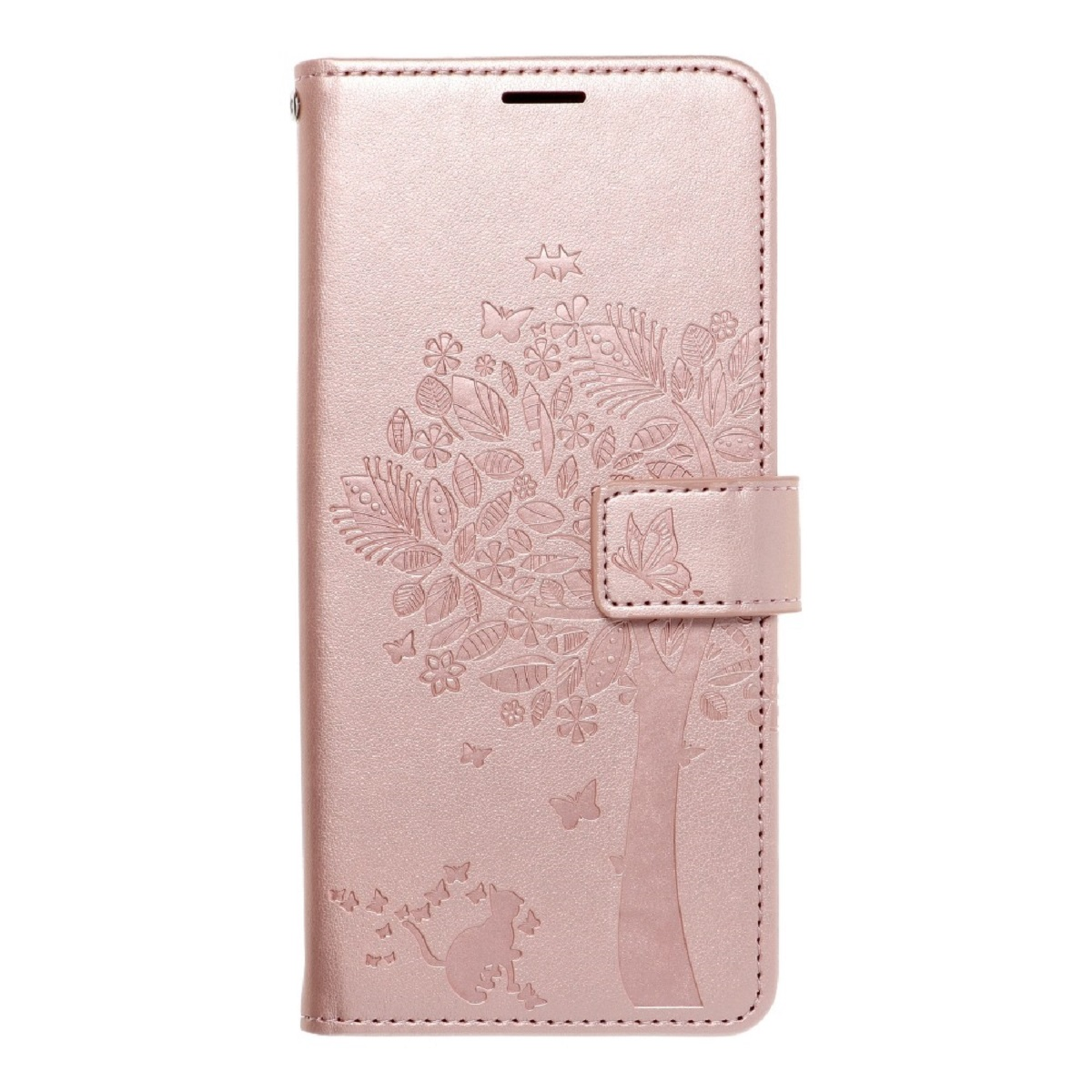 Eine rosa Handyhülle mit Baumdesign und Schmetterlingen ist geschlossen.