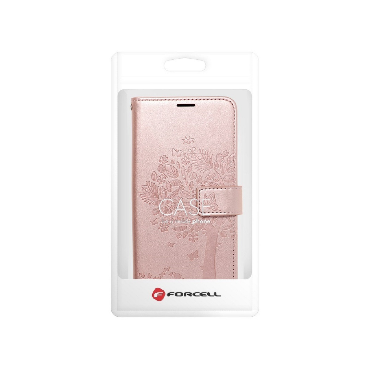 Rosa Handyhülle mit floralem Design. Die Hülle befindet sich in einer durchsichtigen Plastikverpackung.