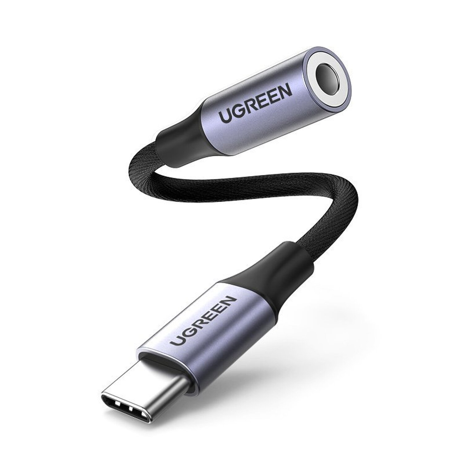 Kabel adaptera audio USB-C na 3,5 mm w kolorze srebrnym i czarnym.