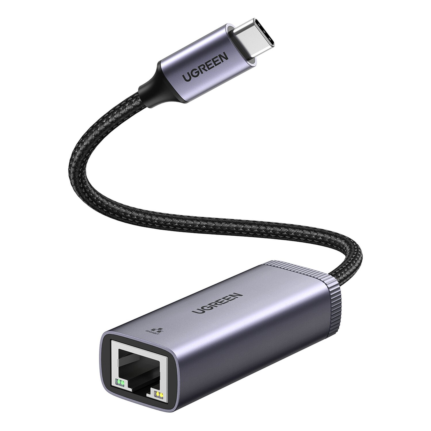 Srebrny adapter UGREEN z złączem USB-C i portem Ethernet. Czarny pleciony kabel. Białe tło.