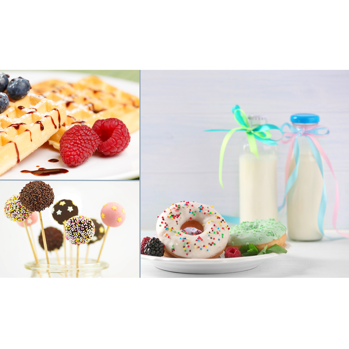 Gofry, cake popsy, pączki i butelki mleka na białym tle.