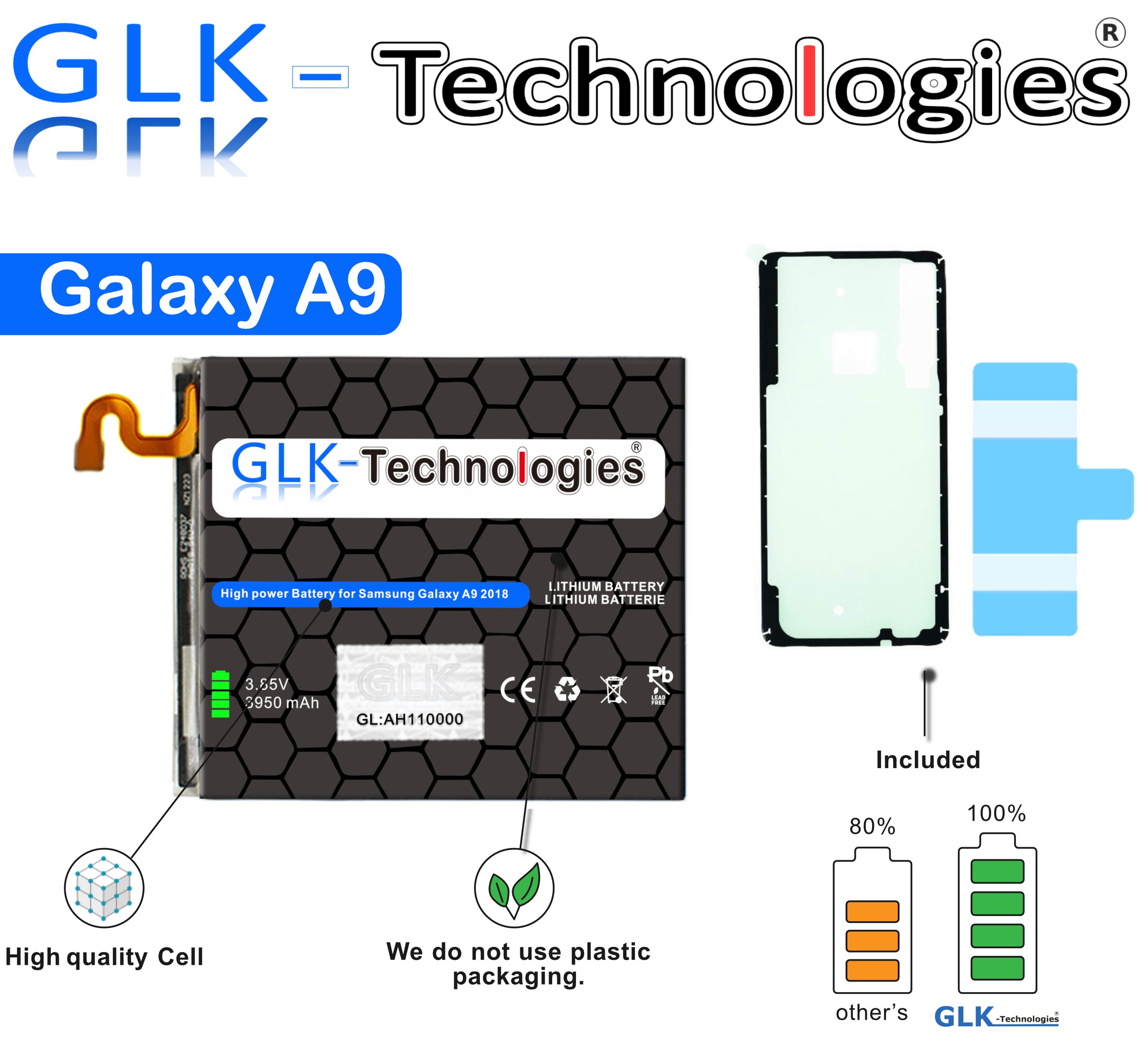 Ersatz Smartphone A920F High Lithium-Ionen-Akku EB-BA920ABU Akku Akku GLK-TECHNOLOGIES Power für Ersatz A9 2018 Galaxy 3950mAh Battery Samsung
