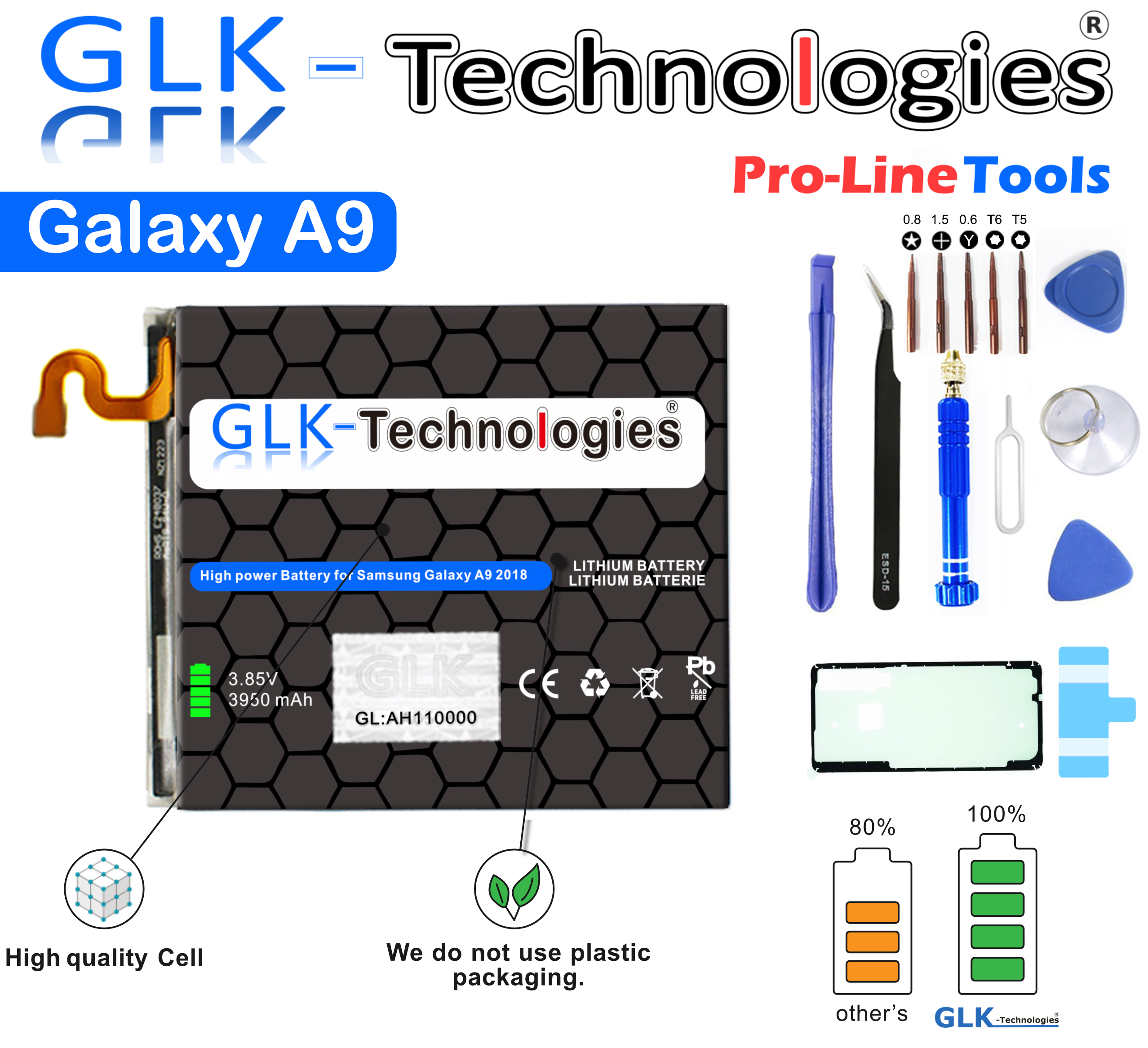 Ersatz A920F Akku Galaxy A9 inkl GLK-TECHNOLOGIES Akku für 3950mAh Werkzeug 2018 Lithium-Ionen-Akku Power EB-BA920ABU Smartphone Samsung Battery High Ersatz