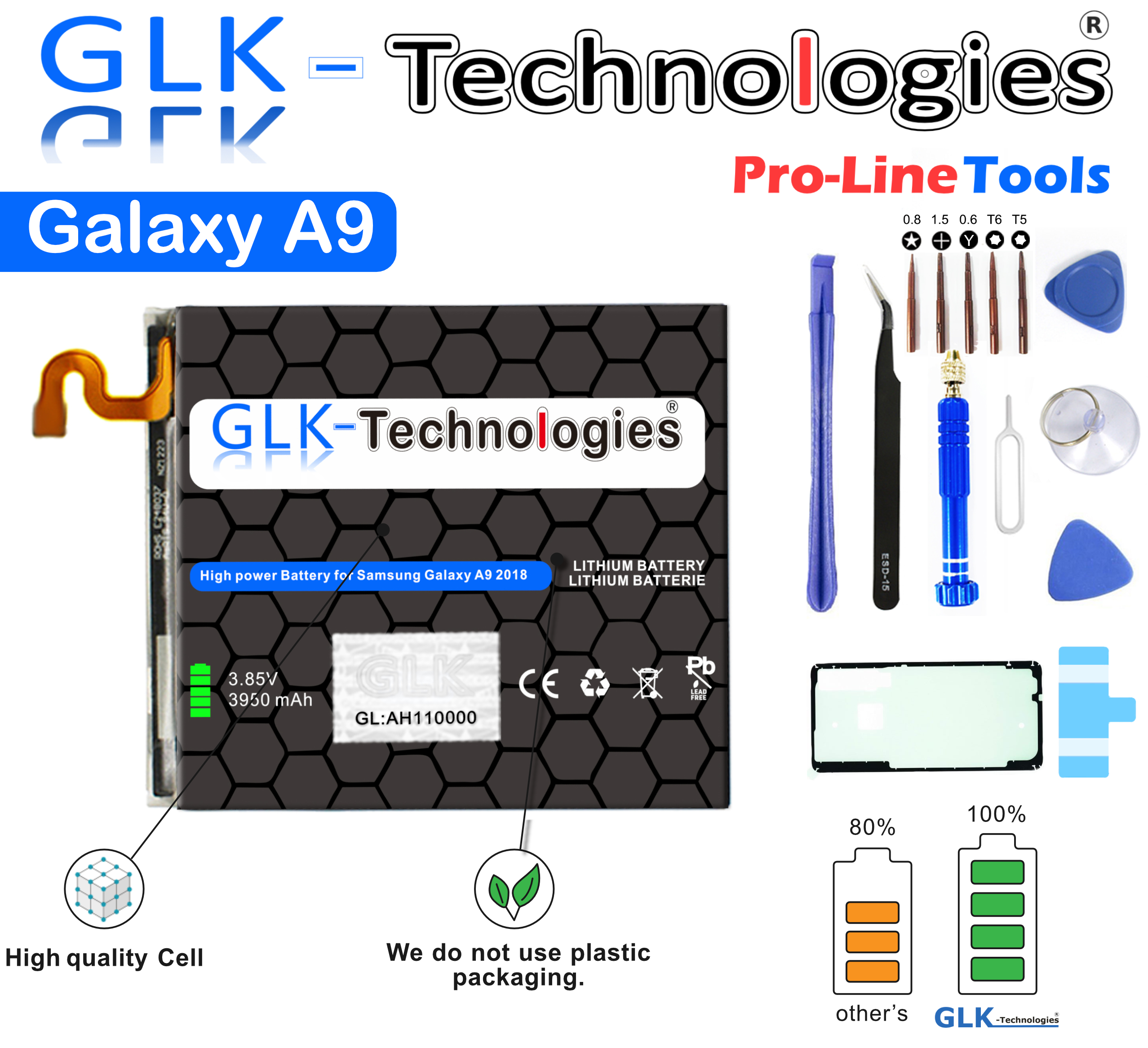 Galaxy 2018 High für Samsung A9 inkl Ersatz Werkzeug Akku Battery Akku Power Ersatz EB-BA920ABU Lithium-Ionen-Akku A920F GLK-TECHNOLOGIES 3950mAh Smartphone