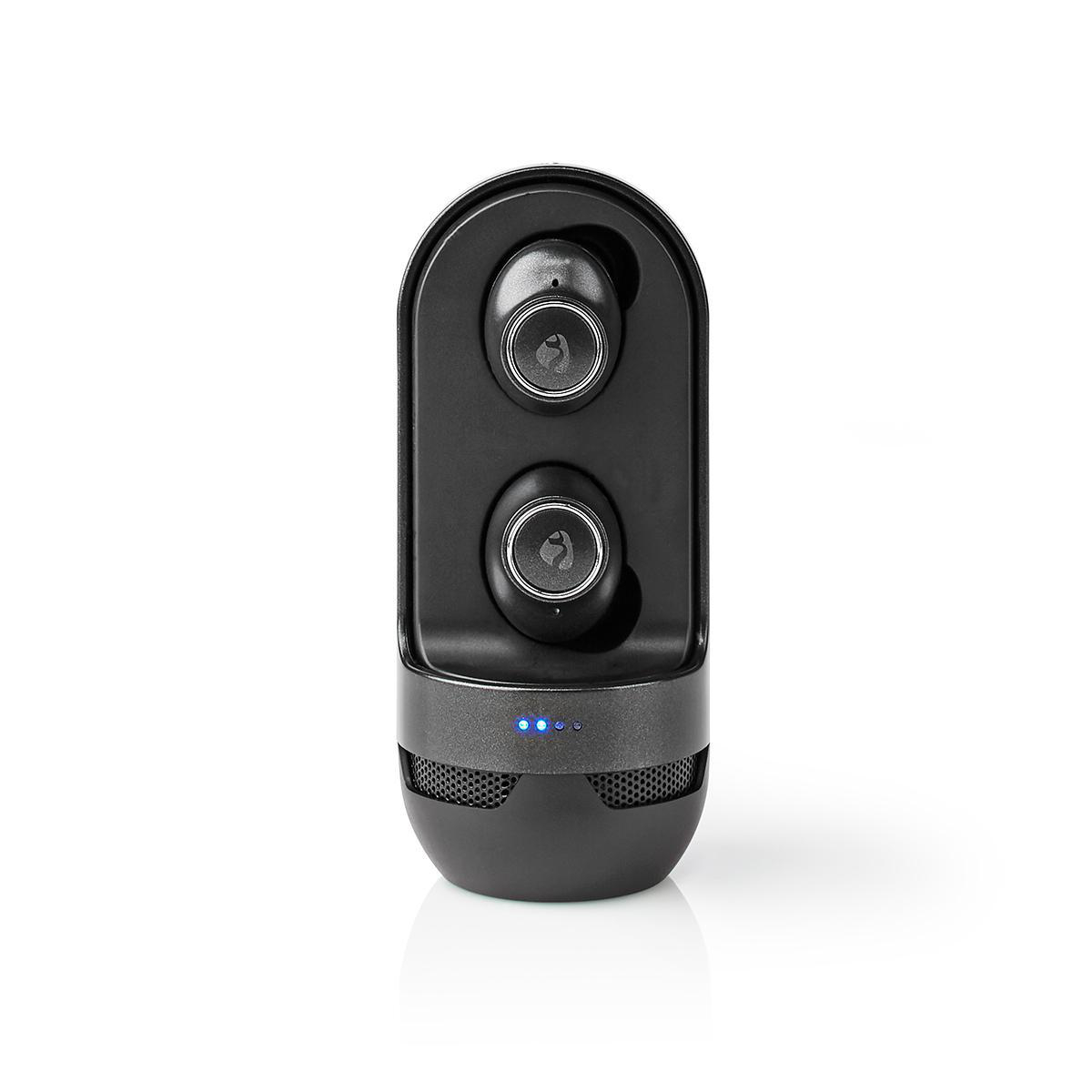 Auricolari wireless neri in una custodia di ricarica. La custodia ha una base arrotondata e un indicatore di carica.