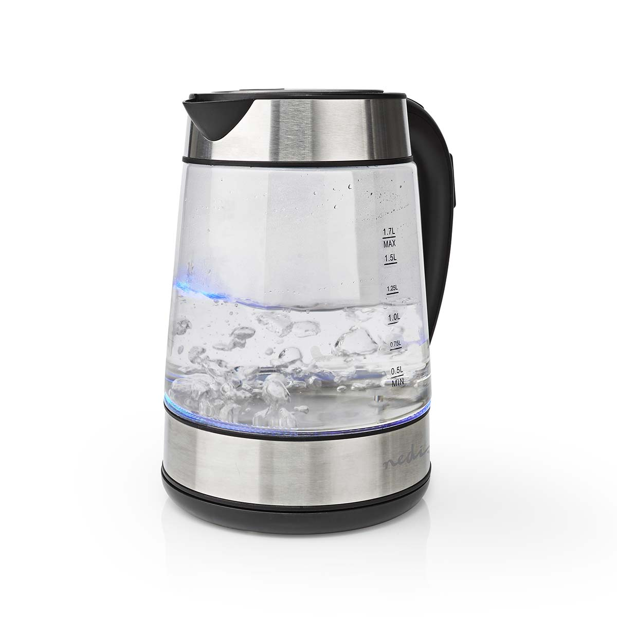 Elektrischer Glaskessel mit kochendem Wasser, der blaues Licht am Boden zeigt.