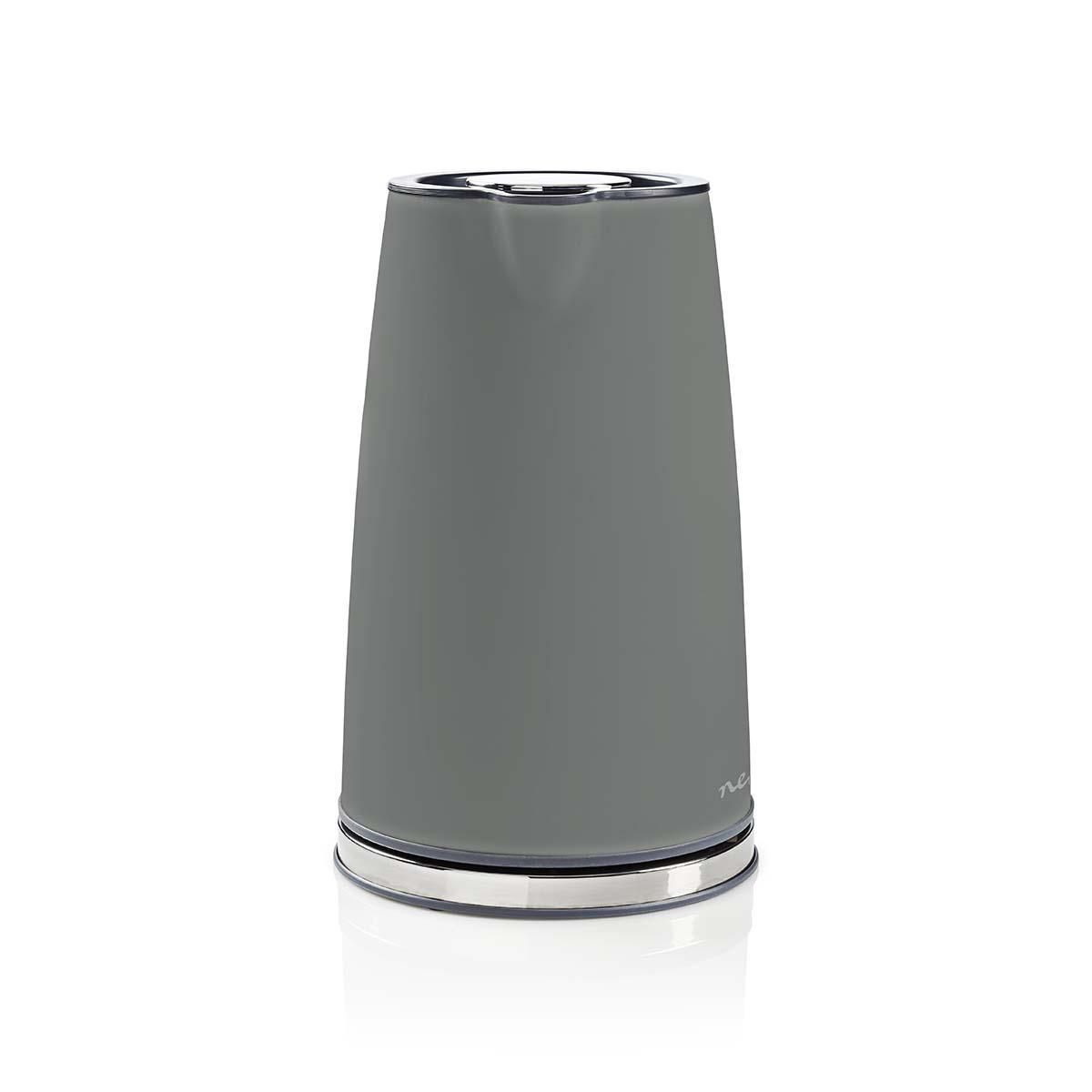 Szary czajnik elektryczny na białym tle ze srebrnymi akcentami.