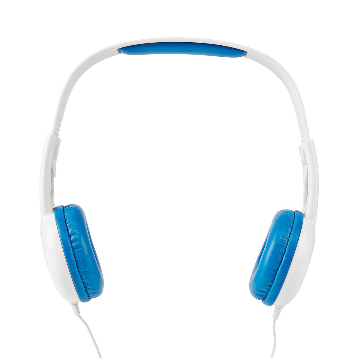 Weiß-blaue Kopfhörer von oben gesehen. Die Ohrmuscheln sind blau, der Bügel weiß.