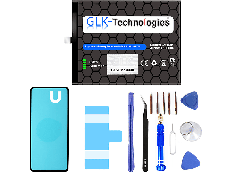GLK-TECHNOLOGIES High Power Ersatz Akku für Huawei P20 / Honor 10 3400 mAh | inkl. Werkzeug Li-ion Smartphone Ersatz Akku