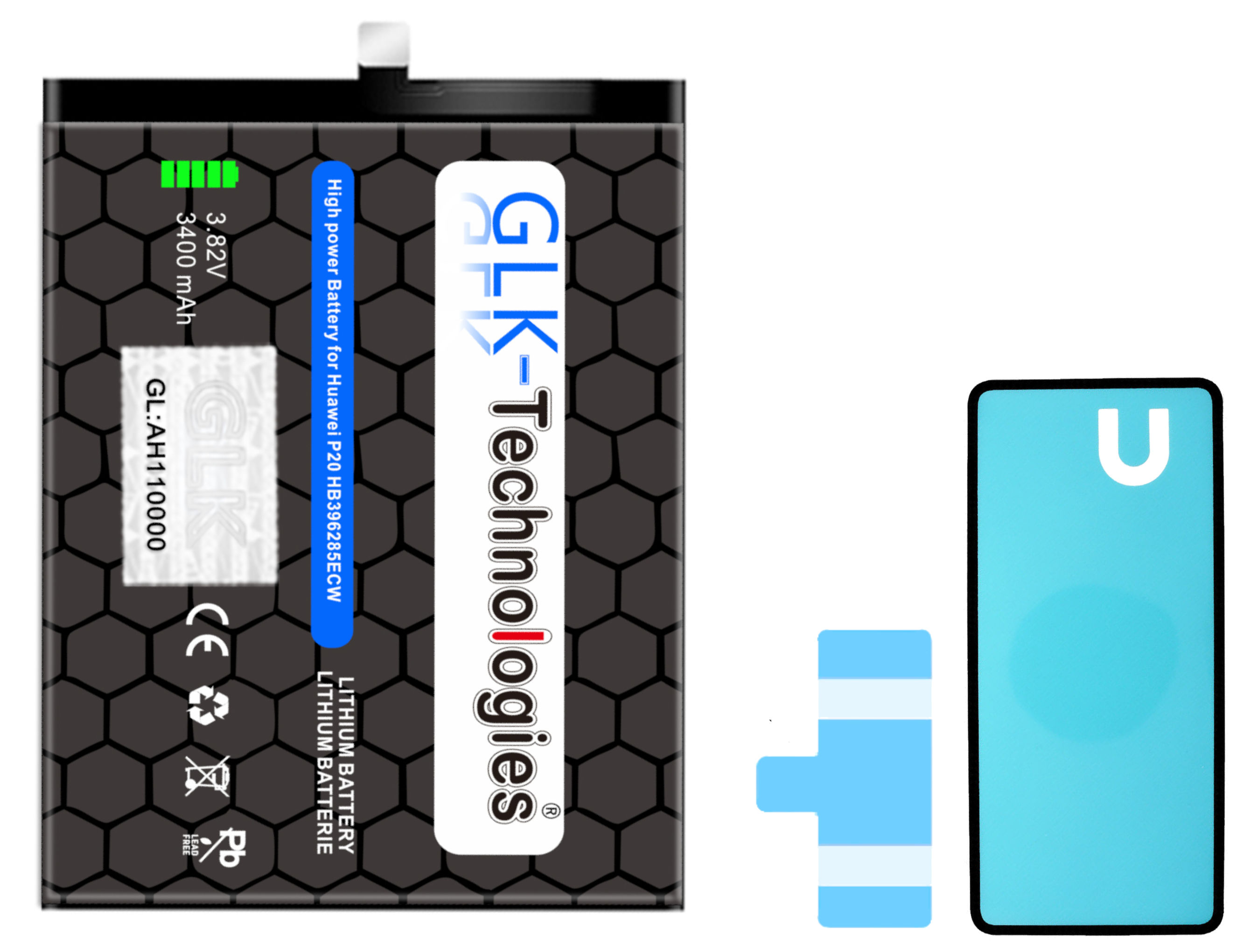 Akku Ersatz inkl. Power | 3400 GLK-TECHNOLOGIES Klebebandsätze Honor / für Li-ion Huawei 2x P20 Smartphone High 10 Ersatz mAh Akku