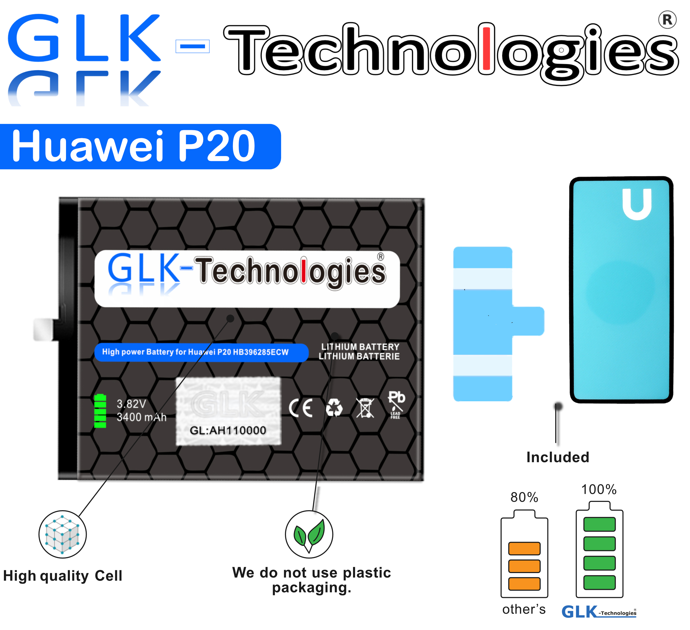 GLK-TECHNOLOGIES High Power Ersatz / P20 Akku 10 3400 Honor für inkl. 2x Akku Huawei | Ersatz Li-ion Klebebandsätze Smartphone mAh