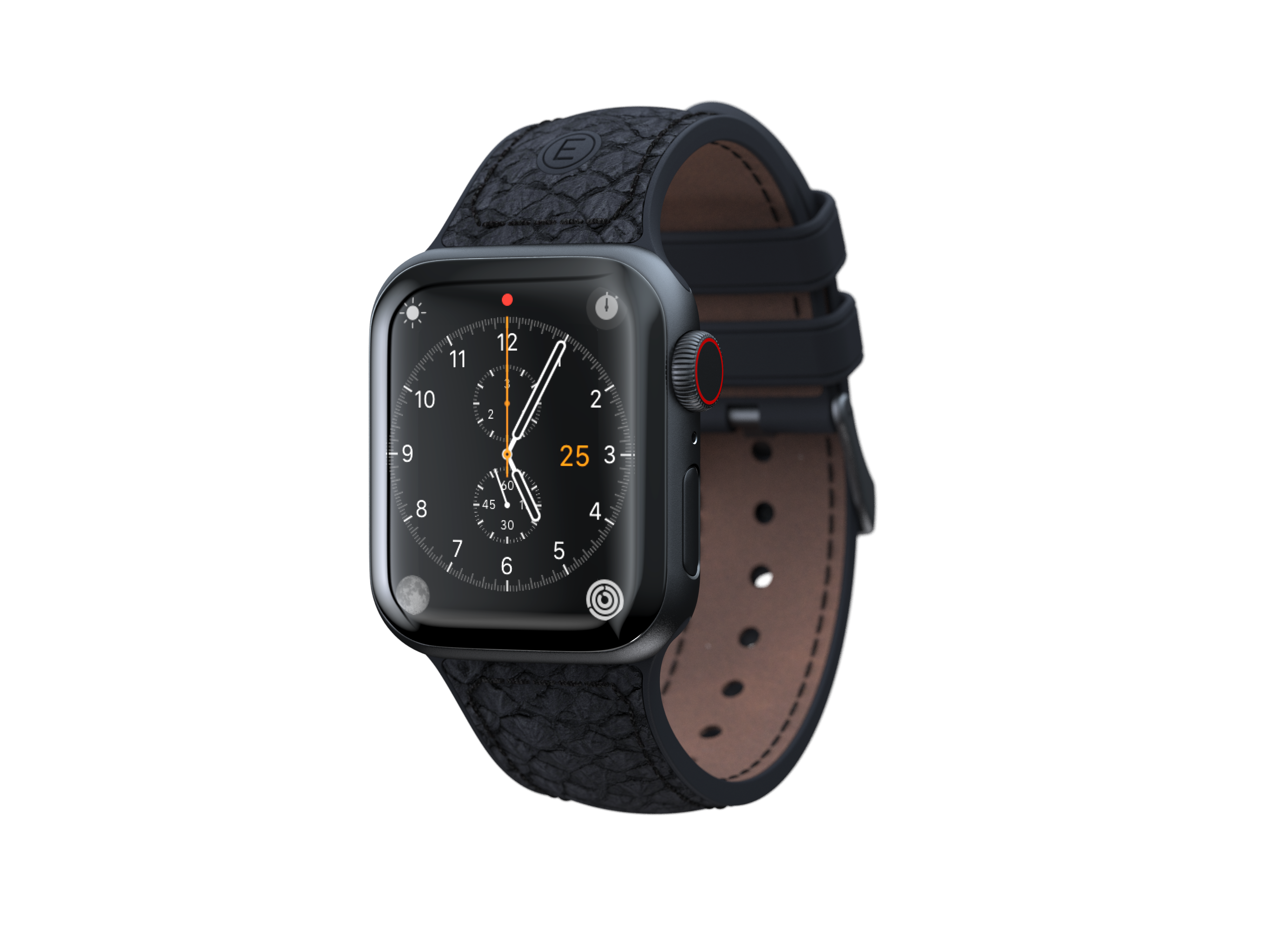 Schwarze Smartwatch mit schwarzem Lederarmband auf schwarzem Hintergrund.