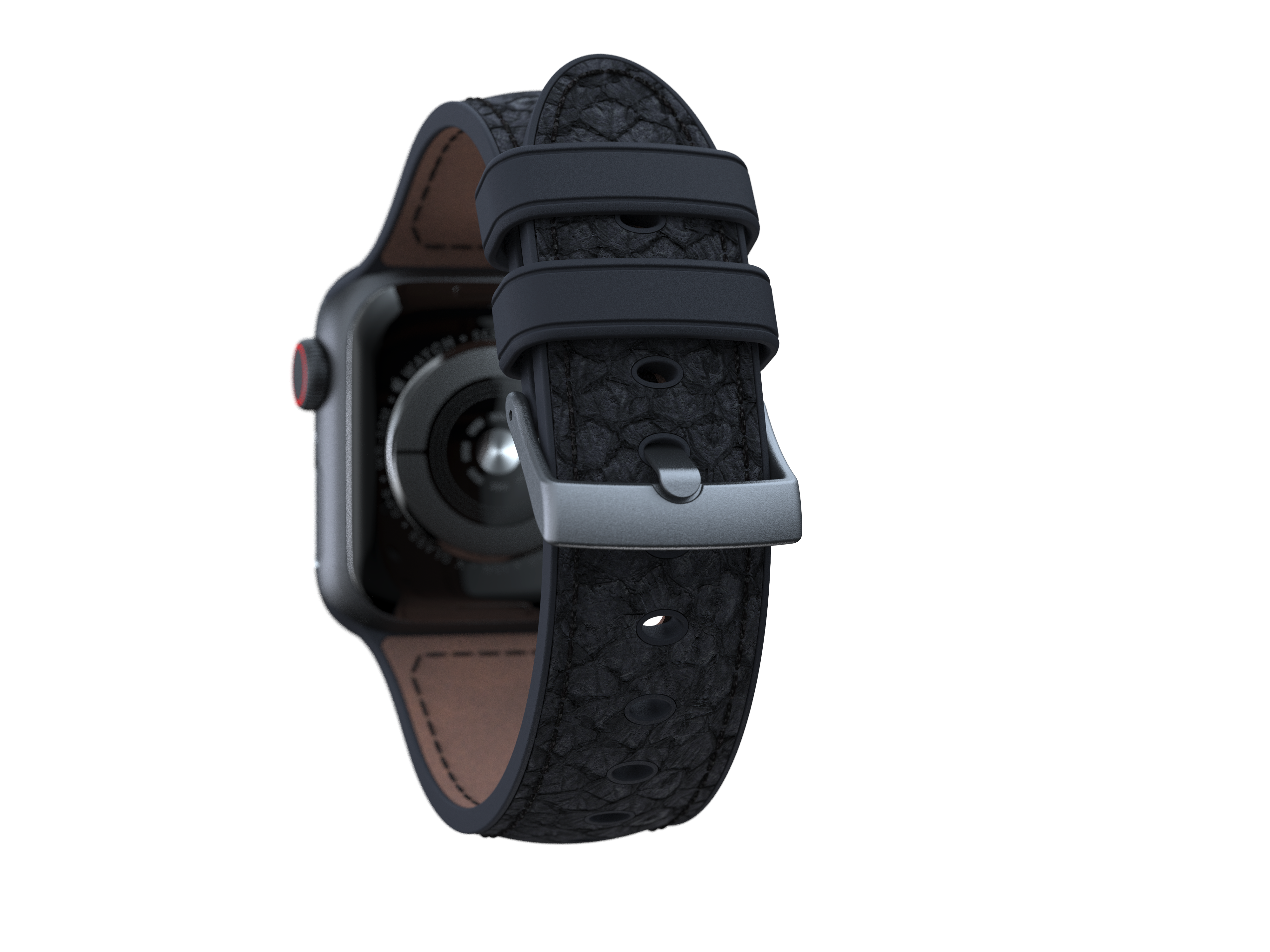 Schwarzes Lederarmband an einer grauen Uhr. Das Armband hat eine Schnalle und eine strukturierte Oberfläche.