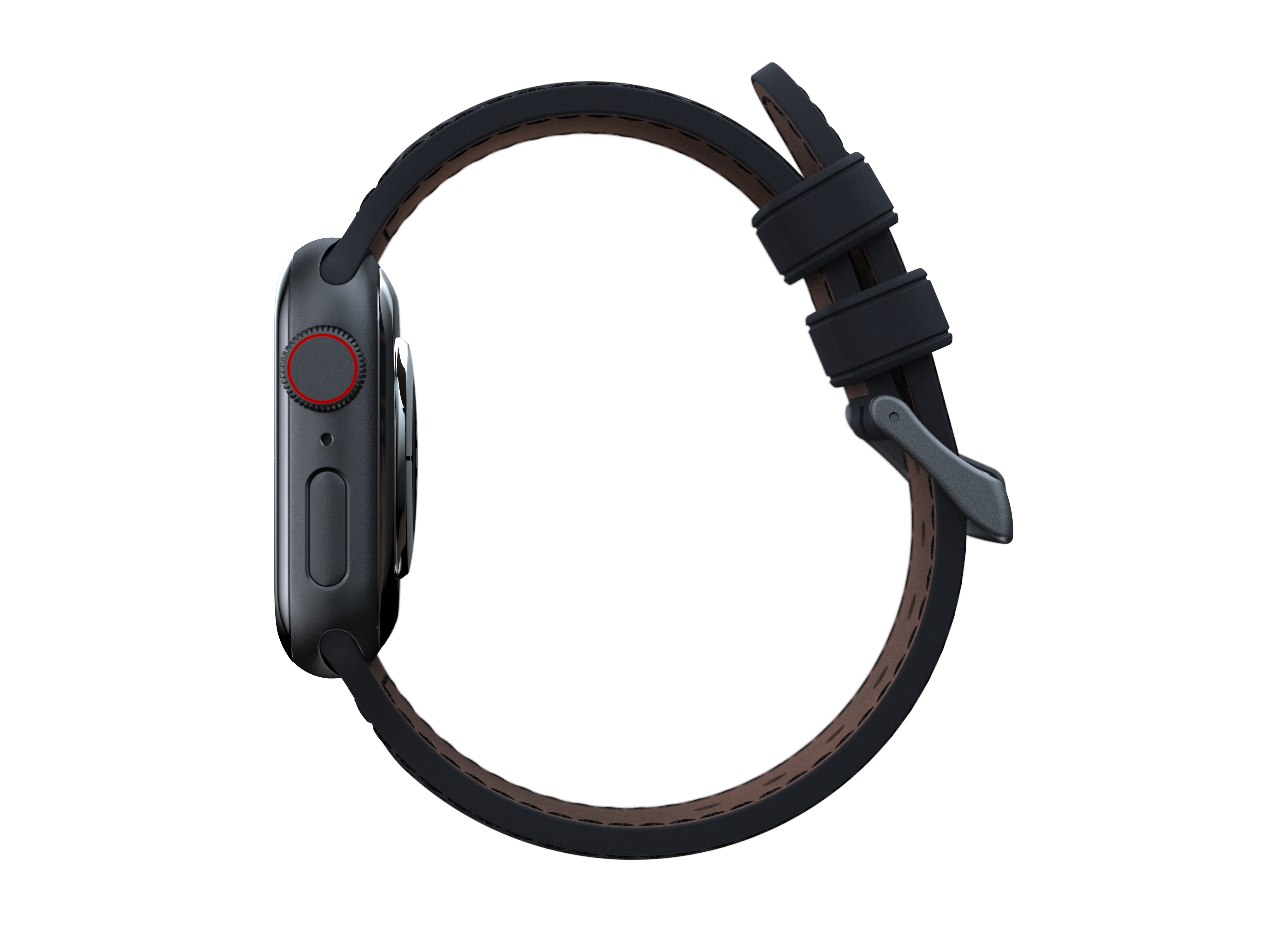 Schwarze Smartwatch mit schwarzem Armband und braunem Innenfutter.