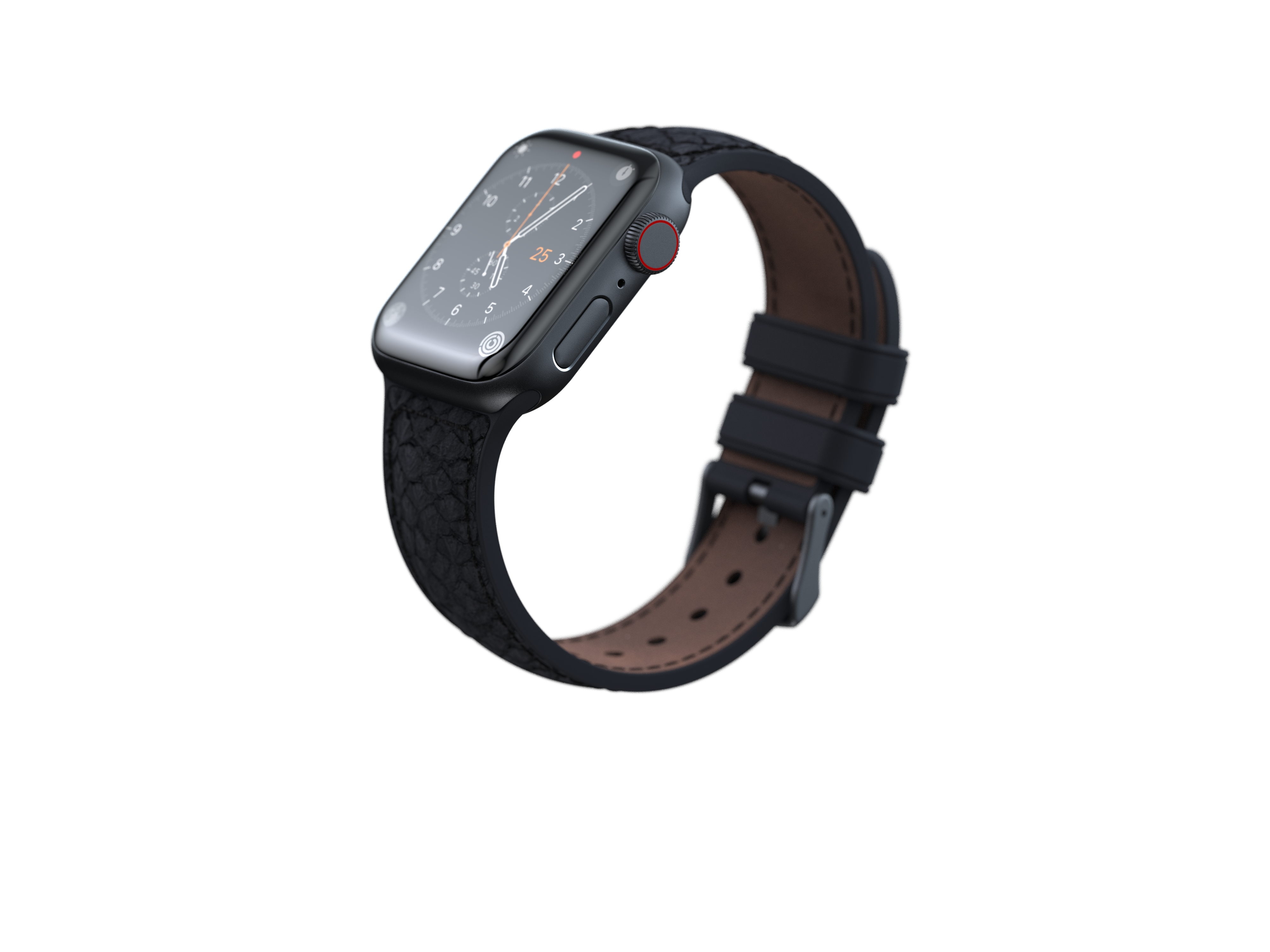 Schwarze Smartwatch mit schwarzem Lederarmband und schwarzem Hintergrund.