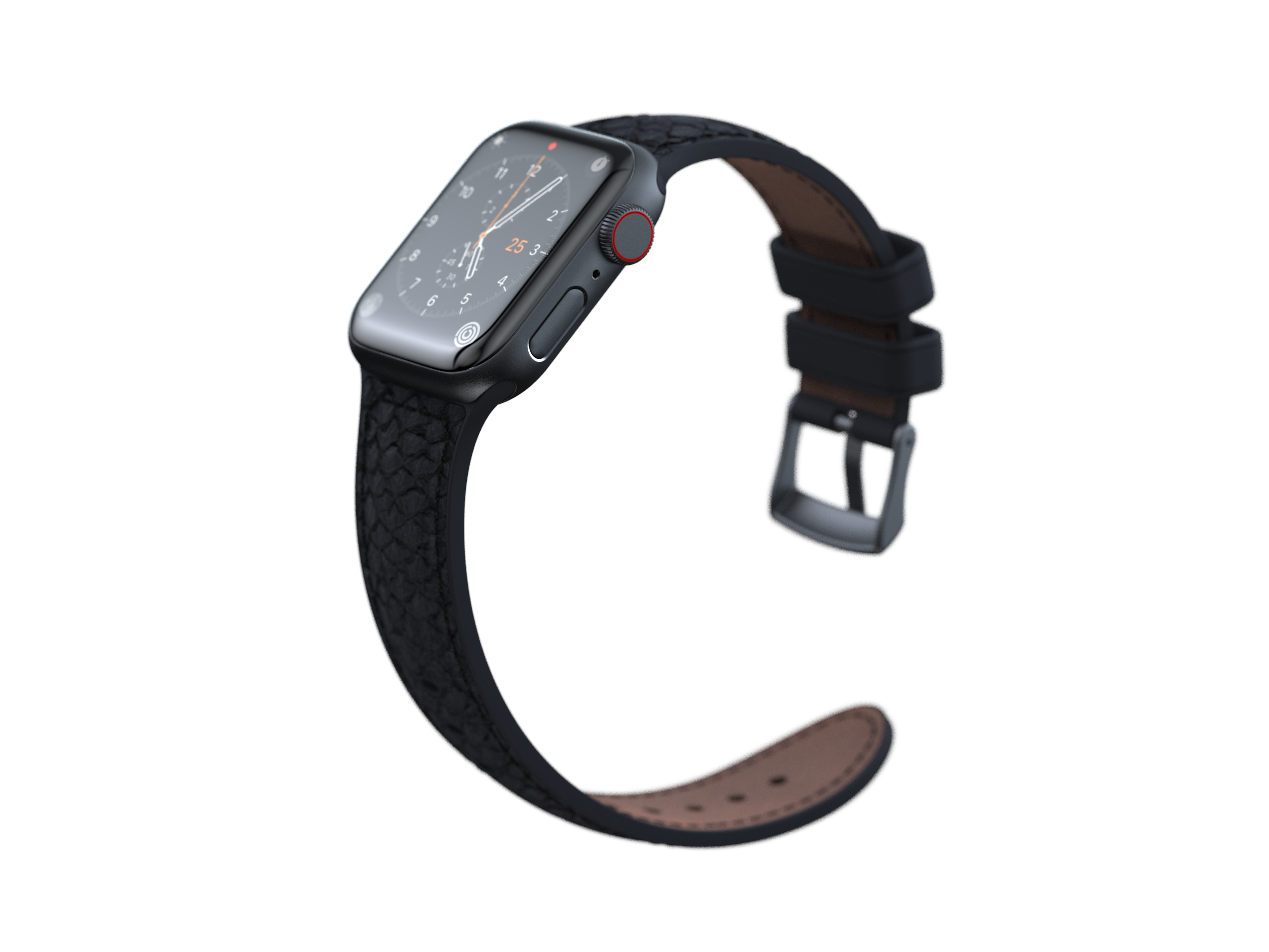 Schwarze Apple Watch mit schwarzem Lederarmband. Auf schwarzem Hintergrund.