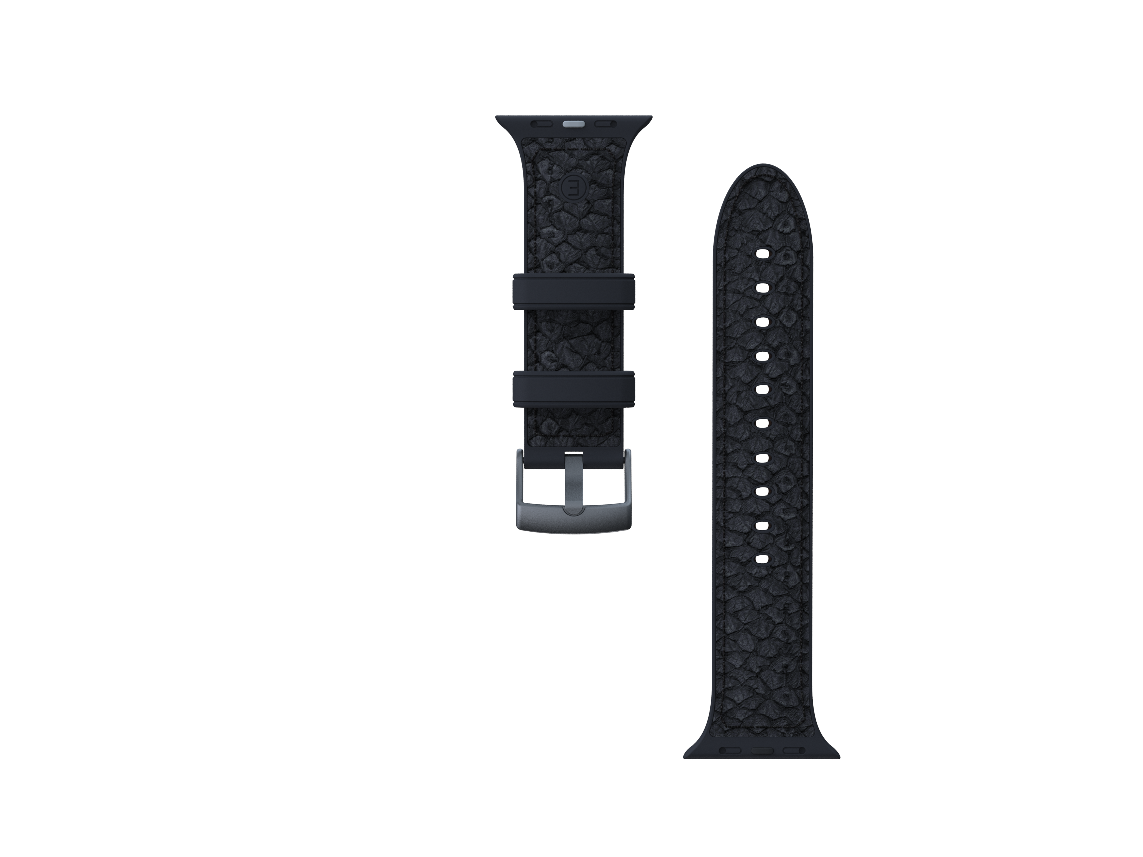 Schwarzes Apple Watch Armband. Armband ist zweiteilig, zeigt Textur, mit Schnalle und dunklem Hintergrund.