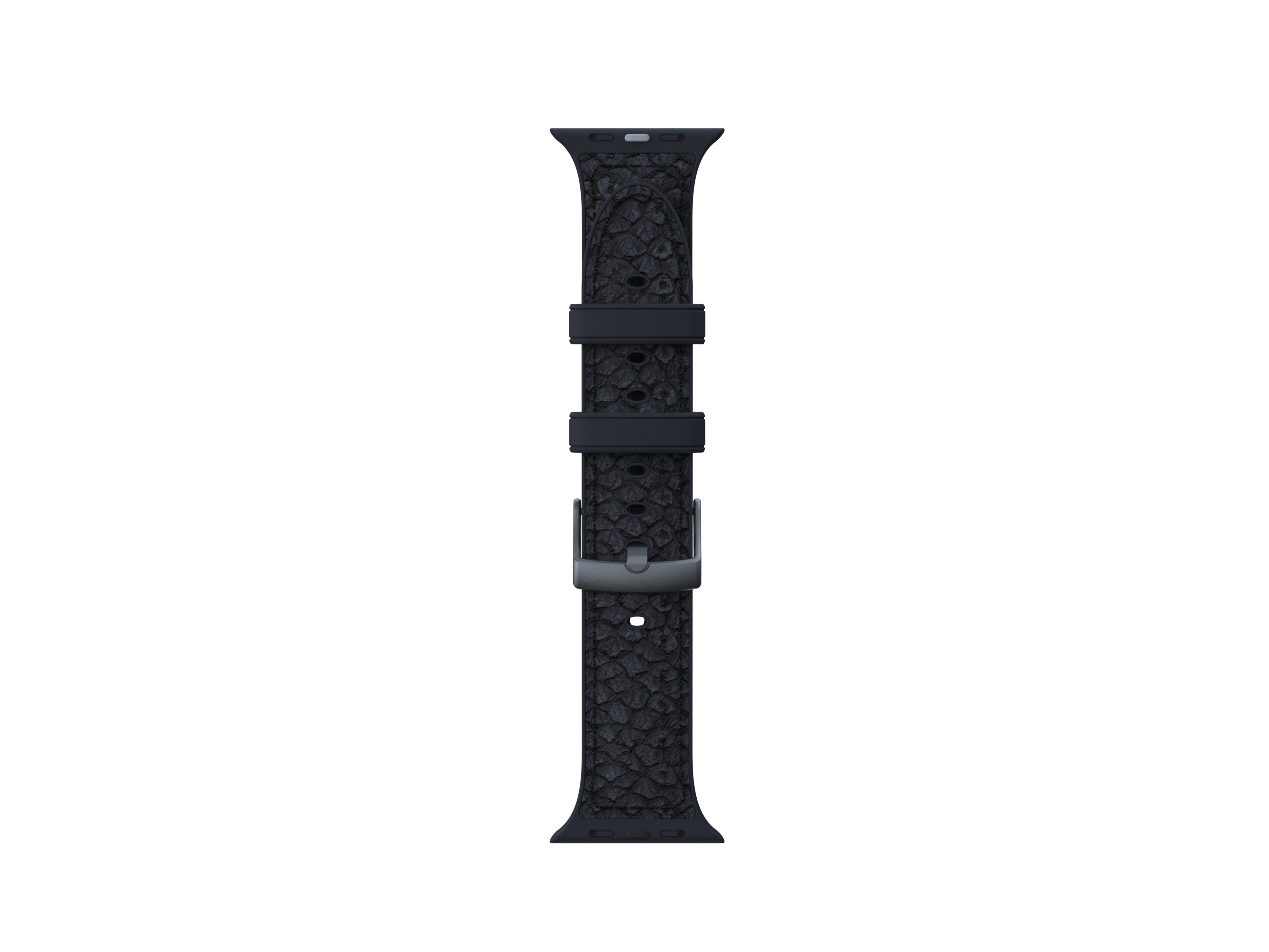 Schwarzes Uhrenarmband mit strukturiertem Muster auf schwarzem Grund.