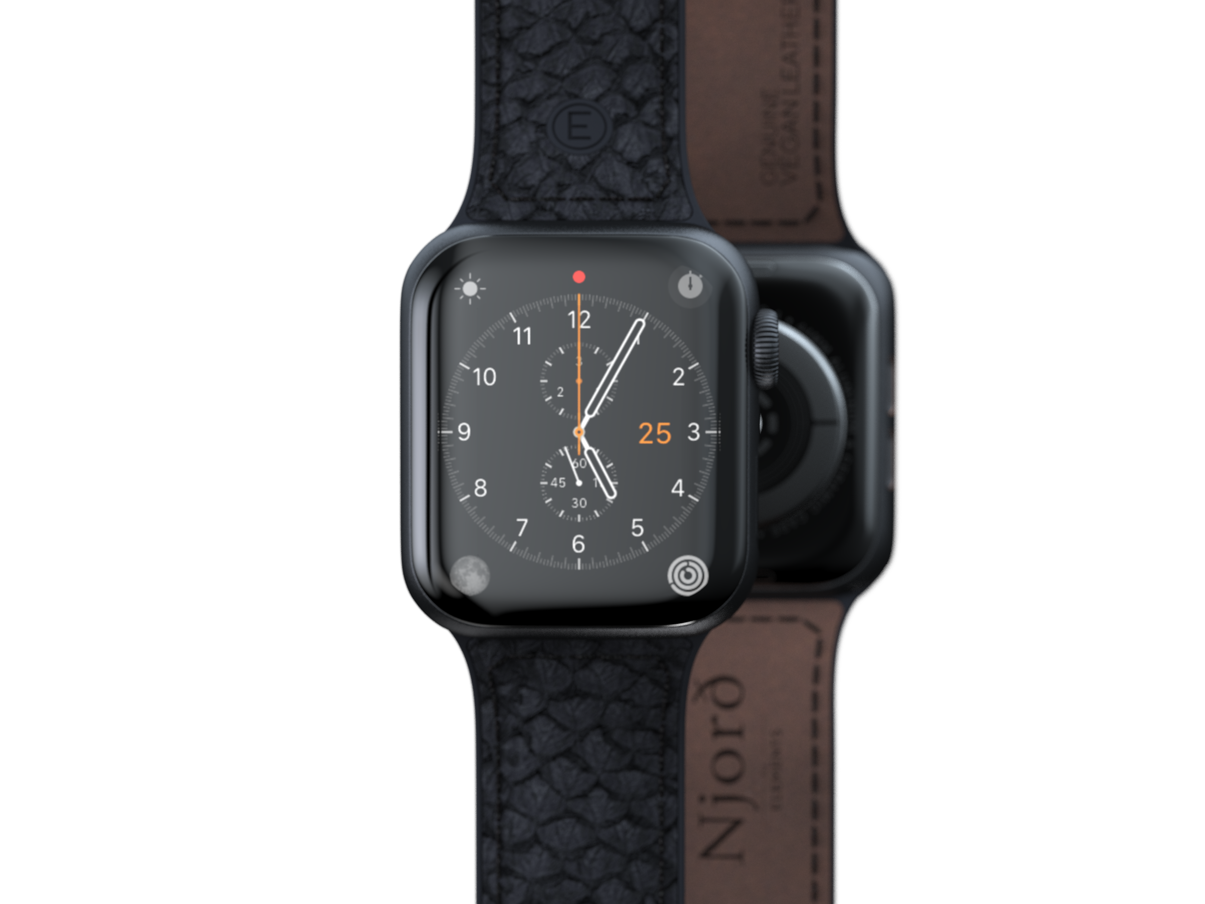 Schwarze Apple Watch mit strukturiertem schwarzem Band, Zeitanzeige und Spiegelung der Rückseite.