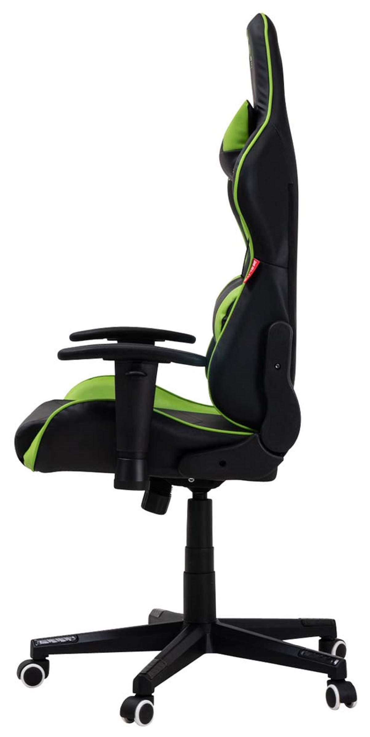 Seitenansicht eines schwarz-grünen Gaming-Stuhls mit fünf Rädern und Kopfstütze.