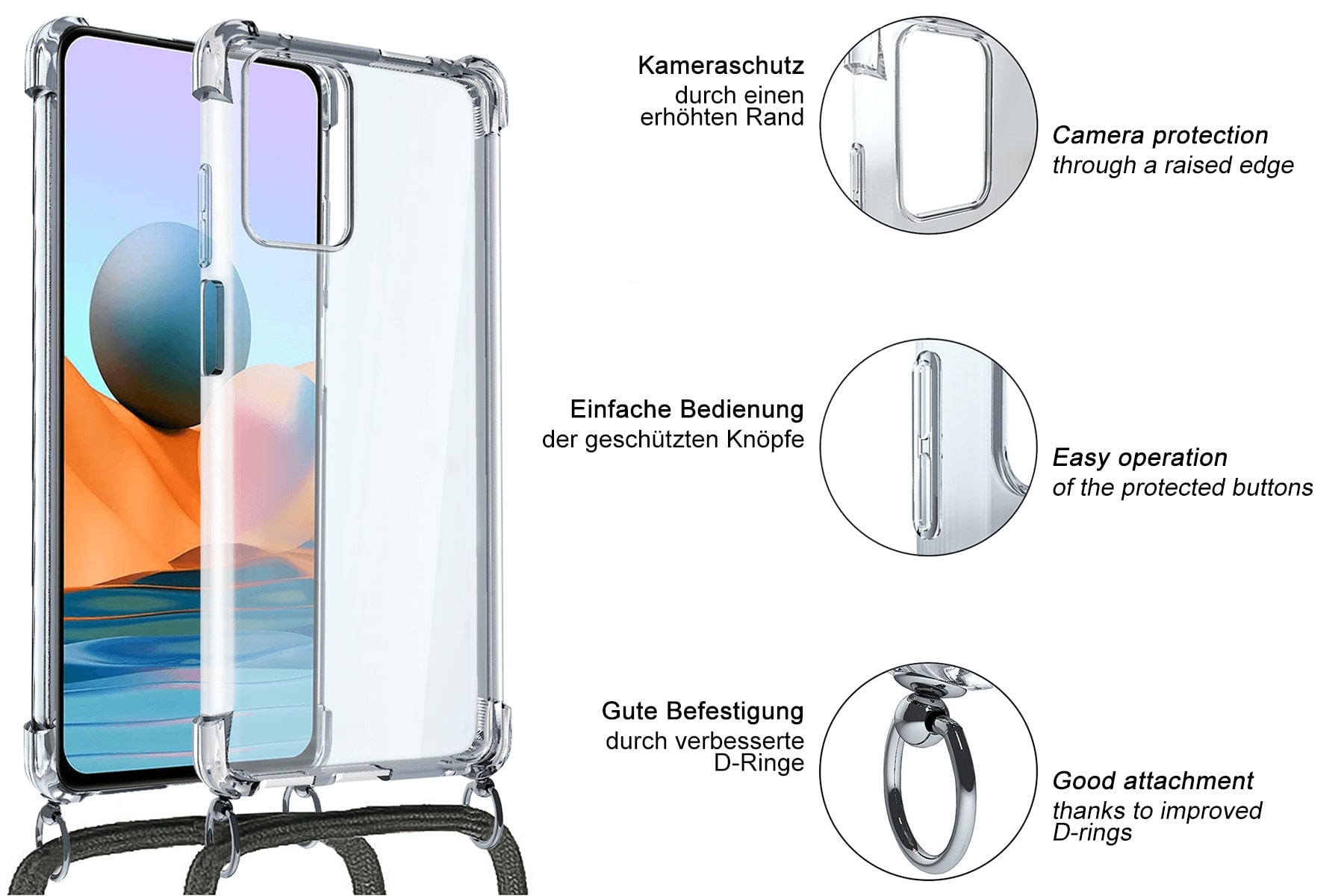 Transparente Handyhülle mit Trageriemen, zeigt Kameraschutz, einfache Tastenbedienung und D-Ringe.