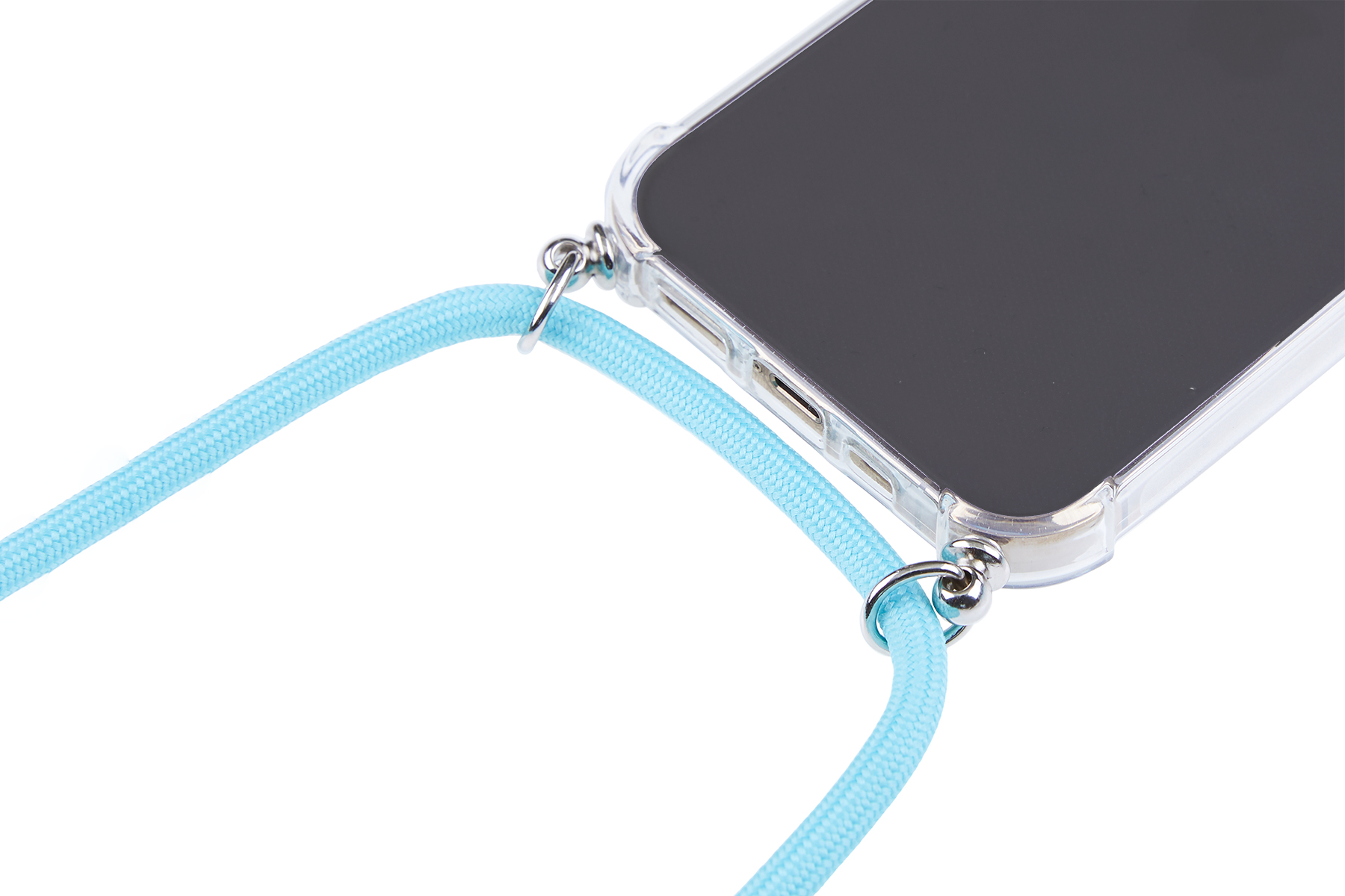 Ein Telefon mit hellblauer Kordel, am Handycase befestigt.