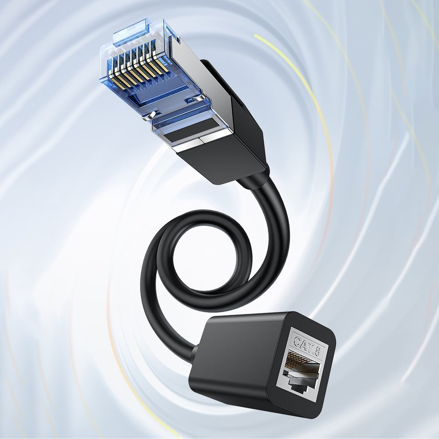 Ein schwarzes Ethernet-Kabel. Das Kabel ist gebogen mit einem Anschluss an jedem Ende.