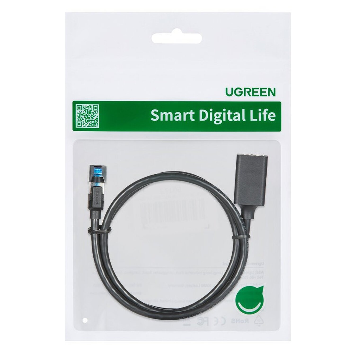 Ugreen-Kabel in einer Verpackung. Das Kabel ist schwarz, mit USB- und USB-C-Anschlüssen.