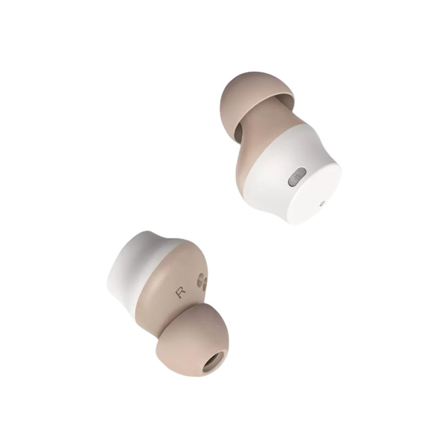 Zwei beige und weiße Ohrhörer.