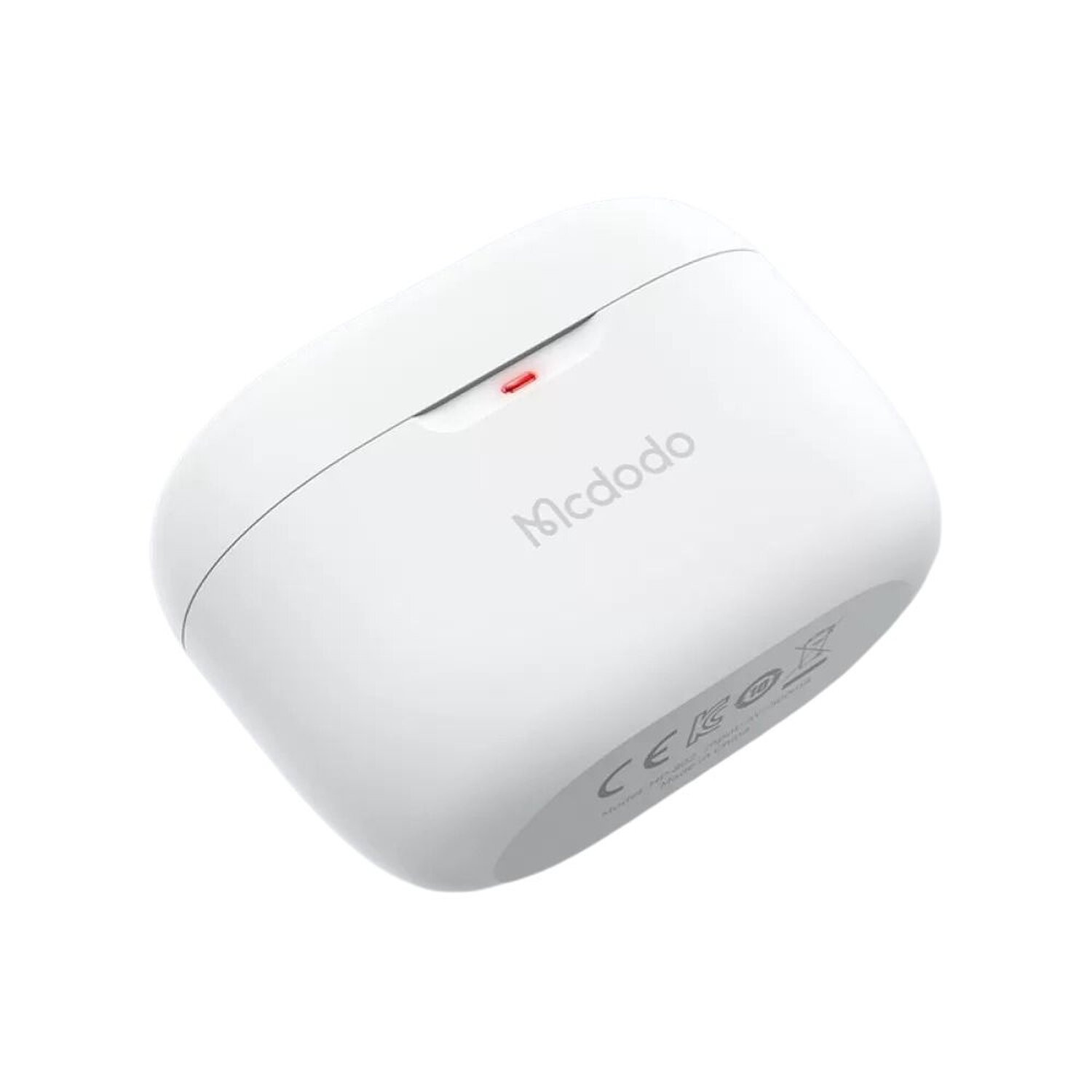 Weißes Ladecase mit dem Wort "Mcdodo". Rotes Licht oben. Weißer Hintergrund.