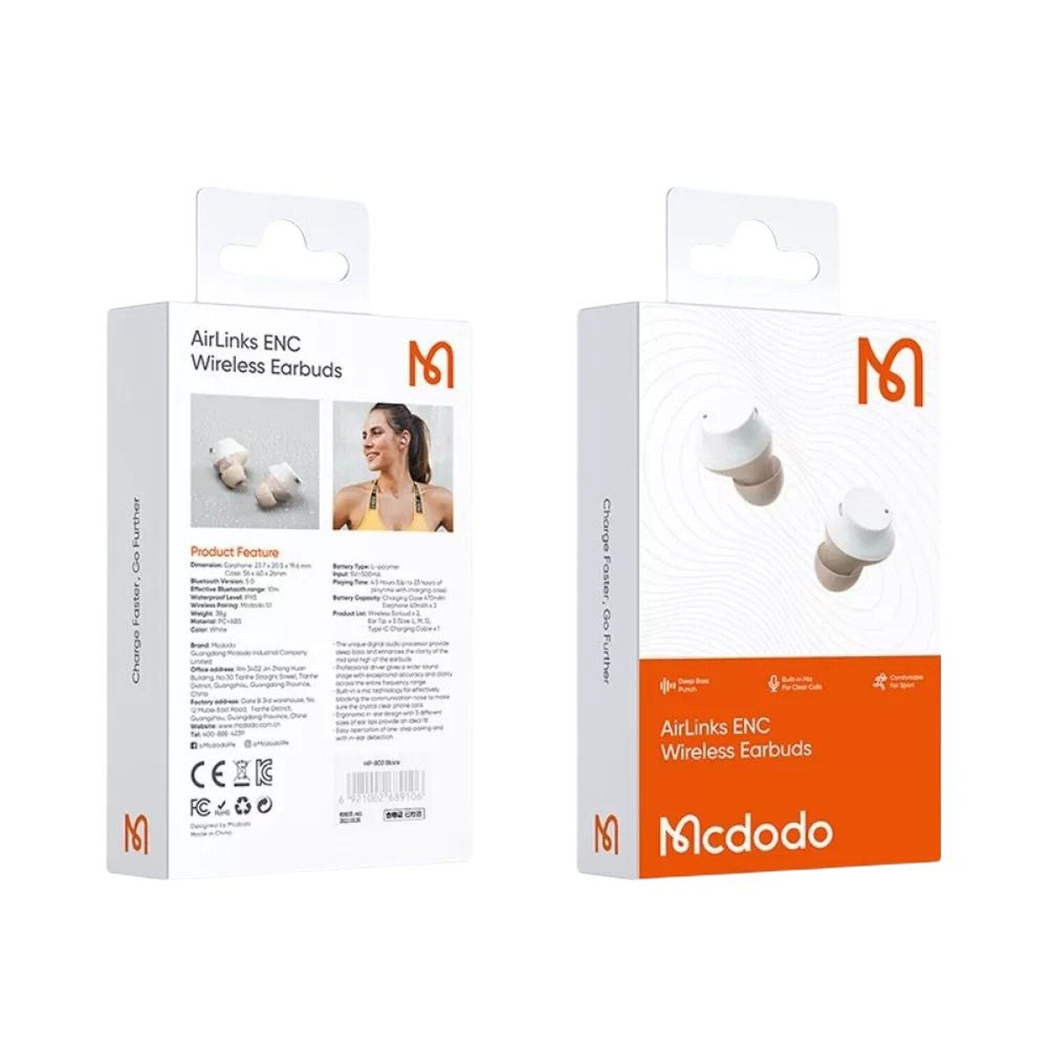Zwei weiße und beige Ohrhörerboxen. Eine zeigt das Produkt und eine Frau. Die andere zeigt Ohrhörer.