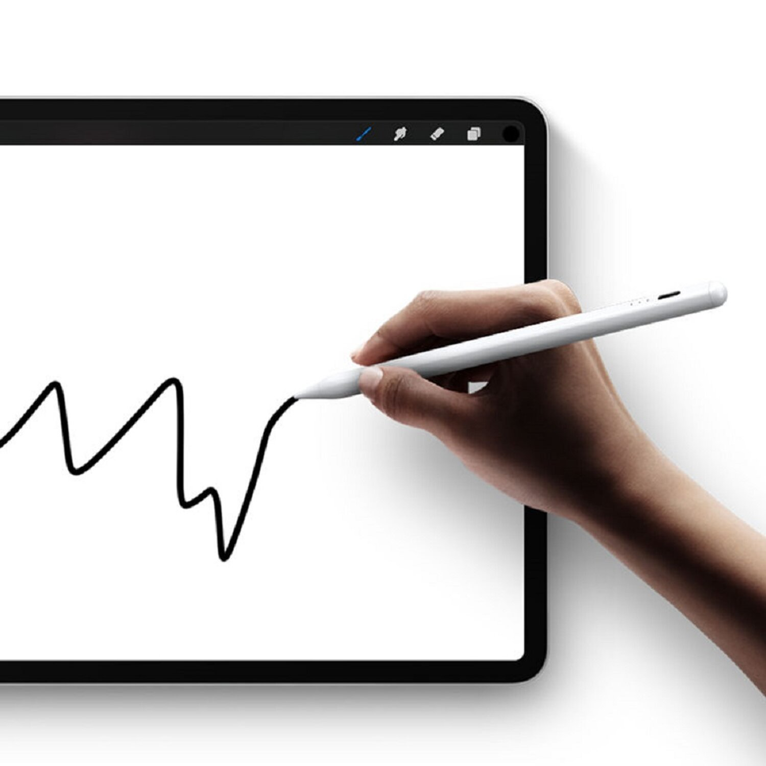 Eine Hand zeichnet eine wellenförmige Linie mit einem weißen Stift auf einem weißen Tablet.
