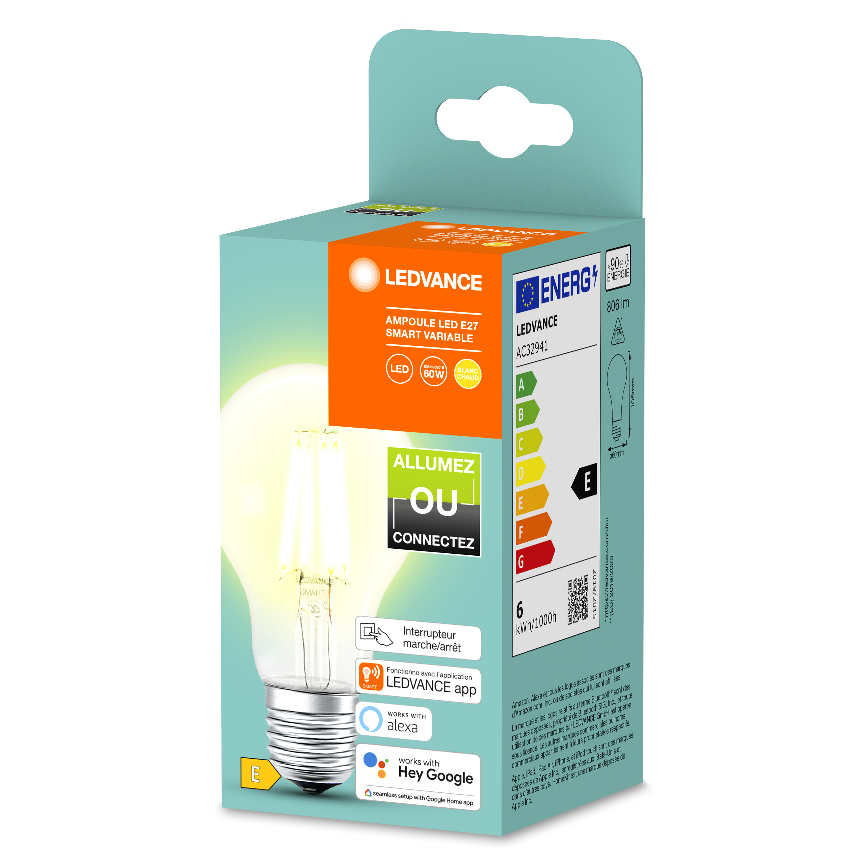 Una scatola di lampadine con un'immagine di lampadina. Il testo dice LEDVANCE con valutazioni energetiche.