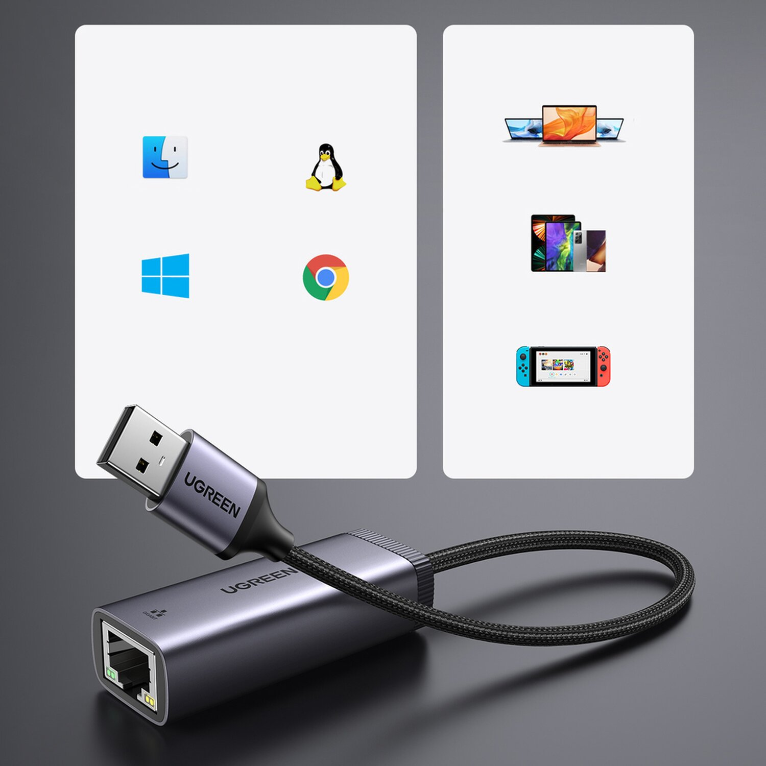 Silberner UGREEN-Adapter mit USB, LAN-Anschluss und Symbolen der unterstützten Geräte.