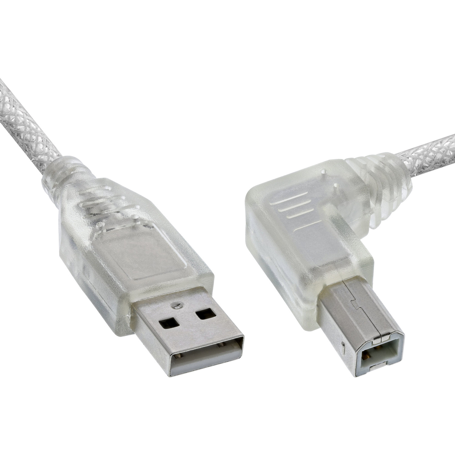 Cavo USB trasparente con due connettori. Uno è USB-A, l'altro è un USB-B angolato.