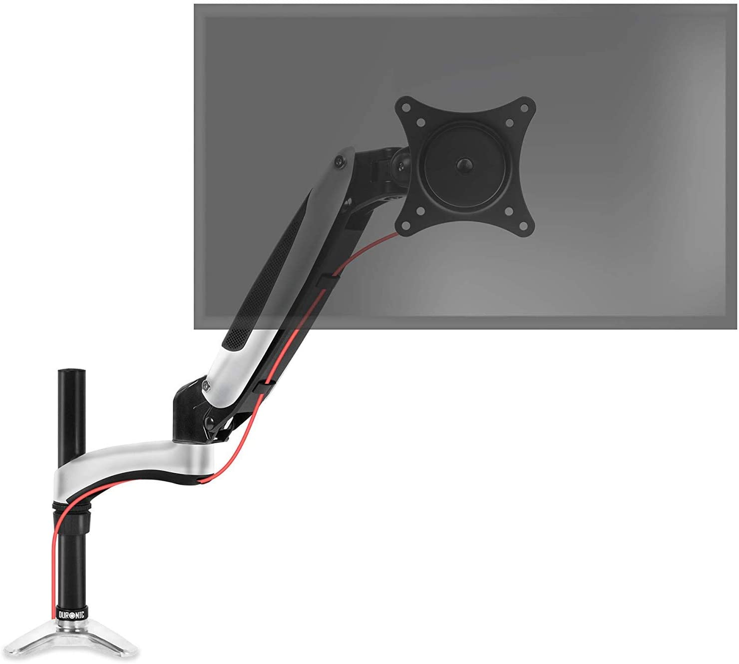 Brazo de monitor con monitor y cable rojo sobre fondo blanco. Colores plata y negro.